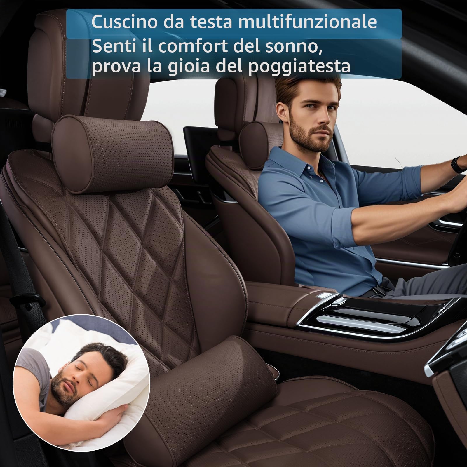 Cuscino Poggiatesta Auto in Pelle e Schiuma di Memoria, Supporto per il Collo Dell'auto, Ergonomico Cuscino Cervicale per Viaggio, Sedili Auto e Casa, Ufficio, Marrone, 2 Pezzi