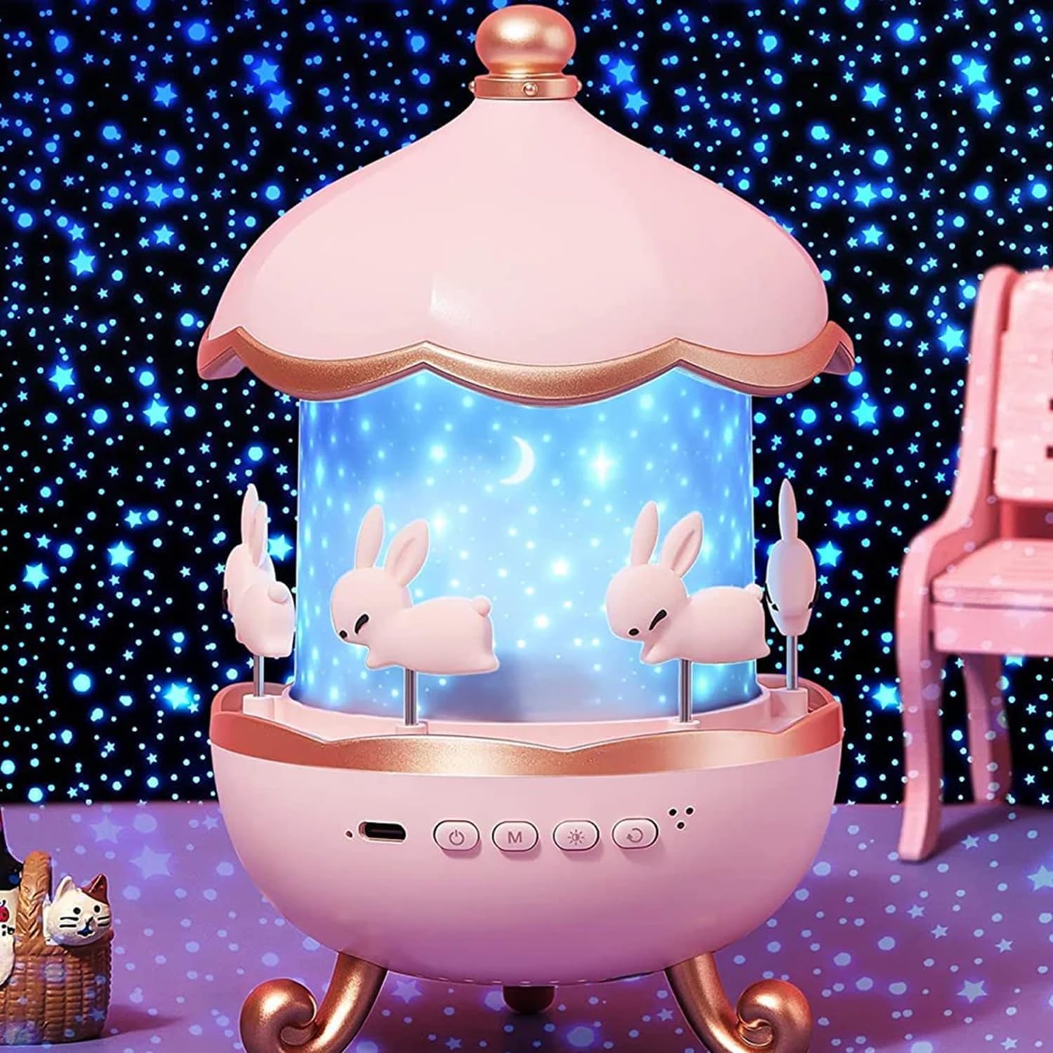 Bunny Night Light Cabin Projector Lamp 360° Rotatable LED Night Lamp for Kids Room Decor, Kids Night Lights for Girls Bedroom 6 Film Shade, Star Projector, USB Powered Birthday Gift for Kids