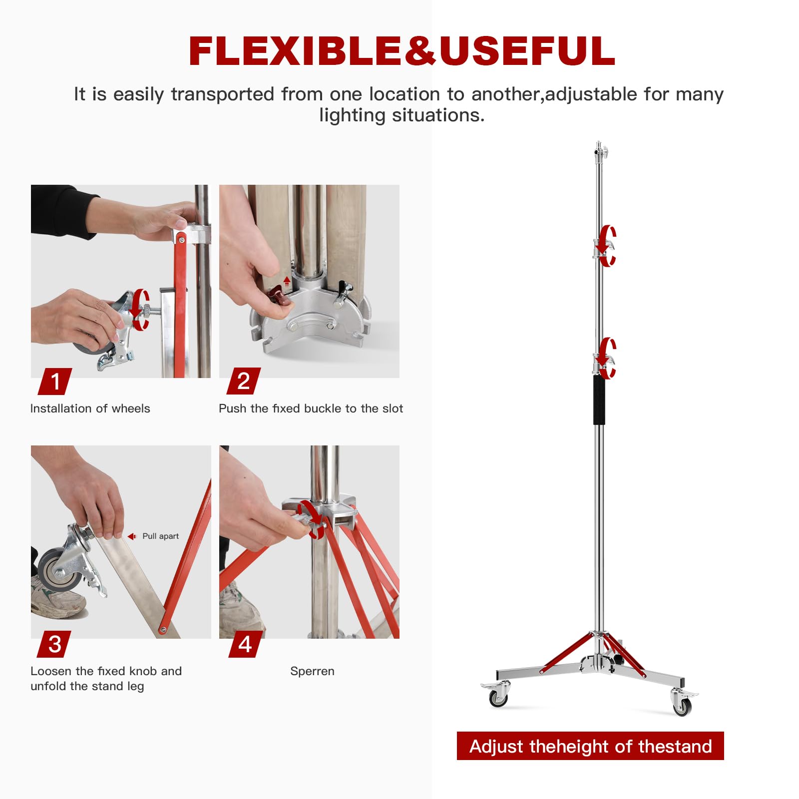 Soonpho WS-300 Pro Light Stand 100% Acciaio Inox Stativo per Luci C con Ruote e Braccio,Stativo a C Pesante in Metallo Altezza massima 300 cm (9,84 piedi) per Riflettori,Monoluci