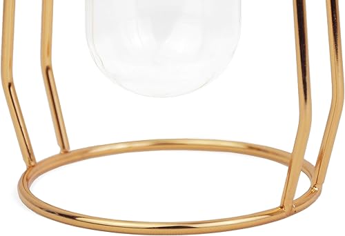Miniatura 5 de FSyueyun Florero dorado para decoración del hogar con estante de metal, jarrones de vidrio dorado para centros de mesa, jarrones de brote, macetas