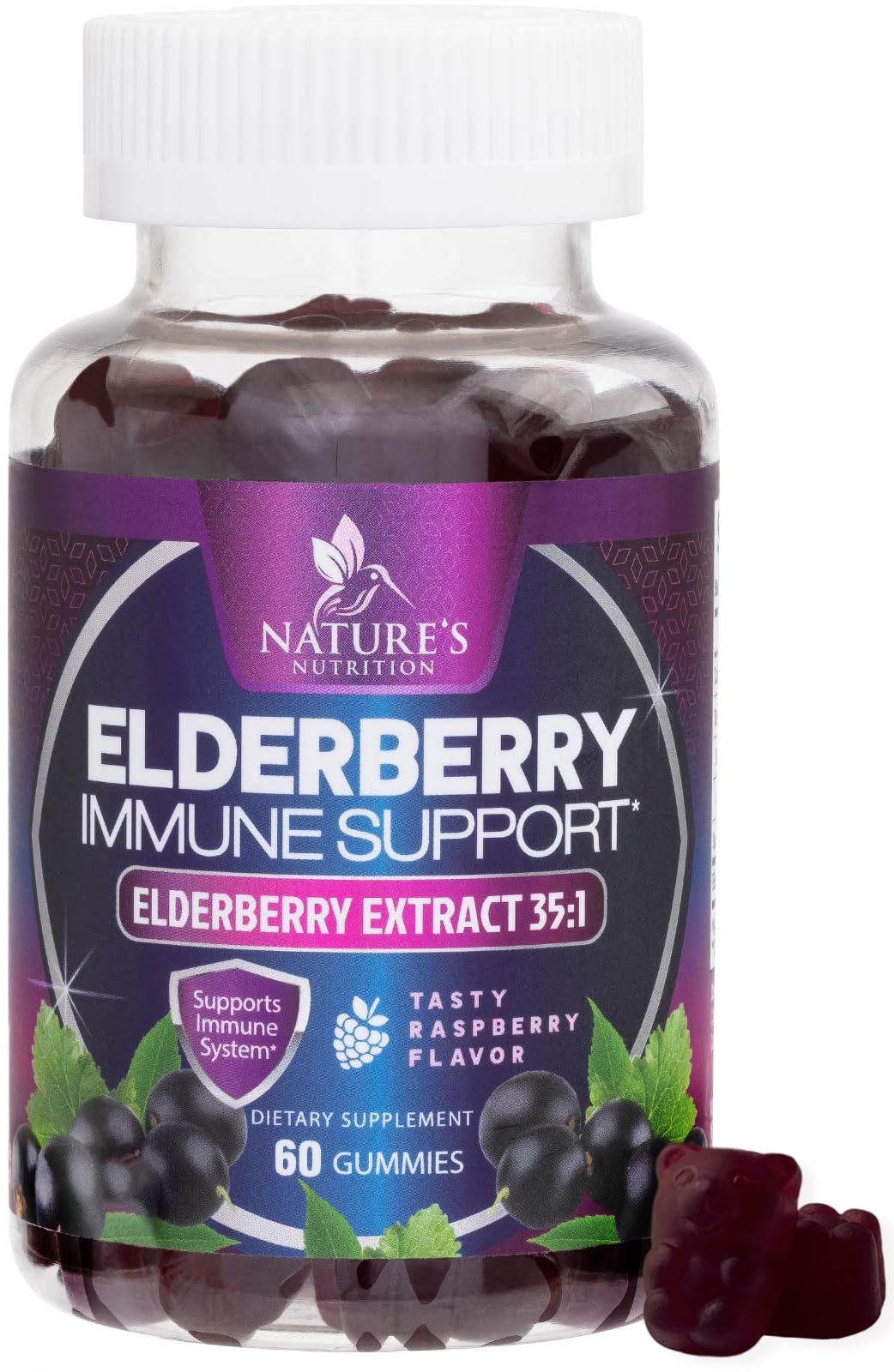 Nature's Nutrition Elderberry Gummies Max Strength Sambucus Gummy Vitamins - Natural Immune System Support - Best Vegan Herbal Supplements for Kids & Adults - 60 Gummies