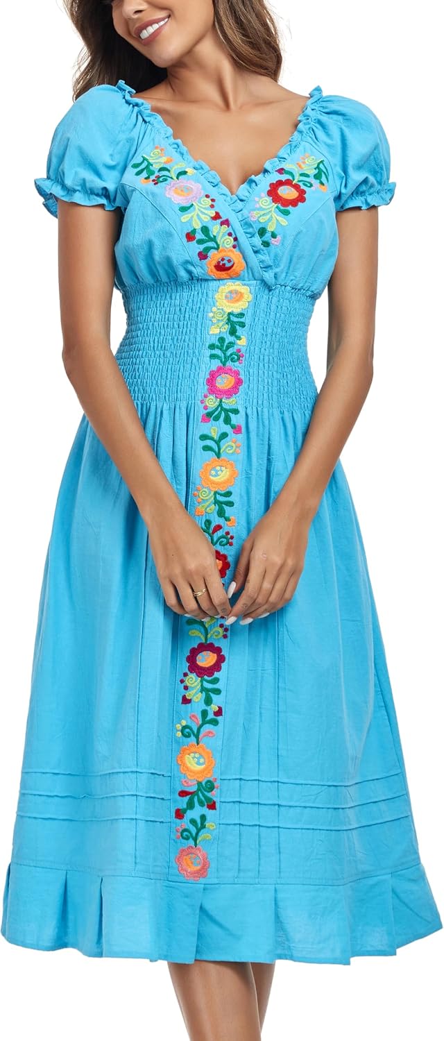 YZXDORWJ Women Mexican Embroidered Casual Dress Summer Ruffle V Neck Short Sleeves