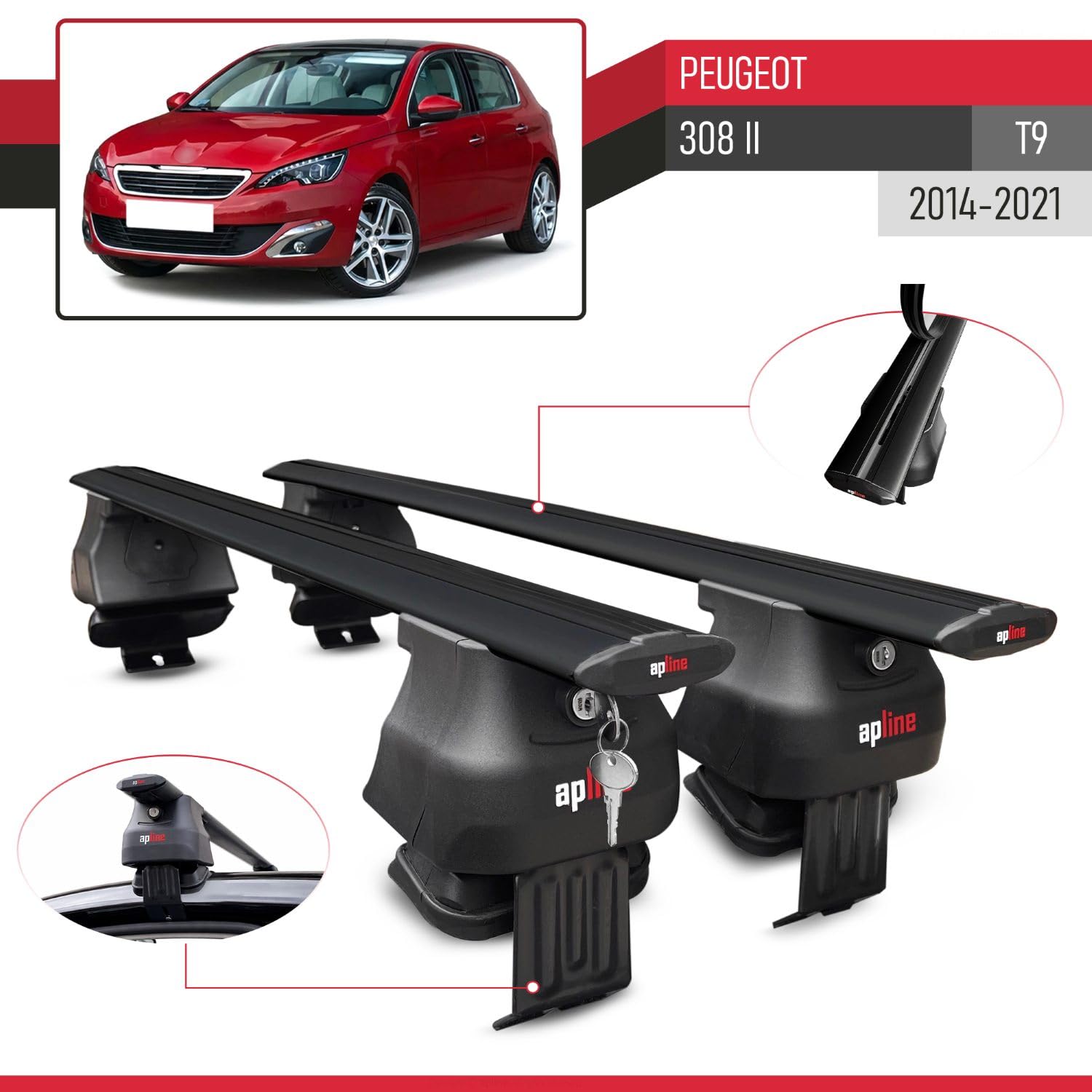 Compatible avec Peugeot 308 II (T9) 2014-2021 ACE-4 Barres de Toit Railing Porte-Bagages de Voiture Noir Aluminium 2 Barres