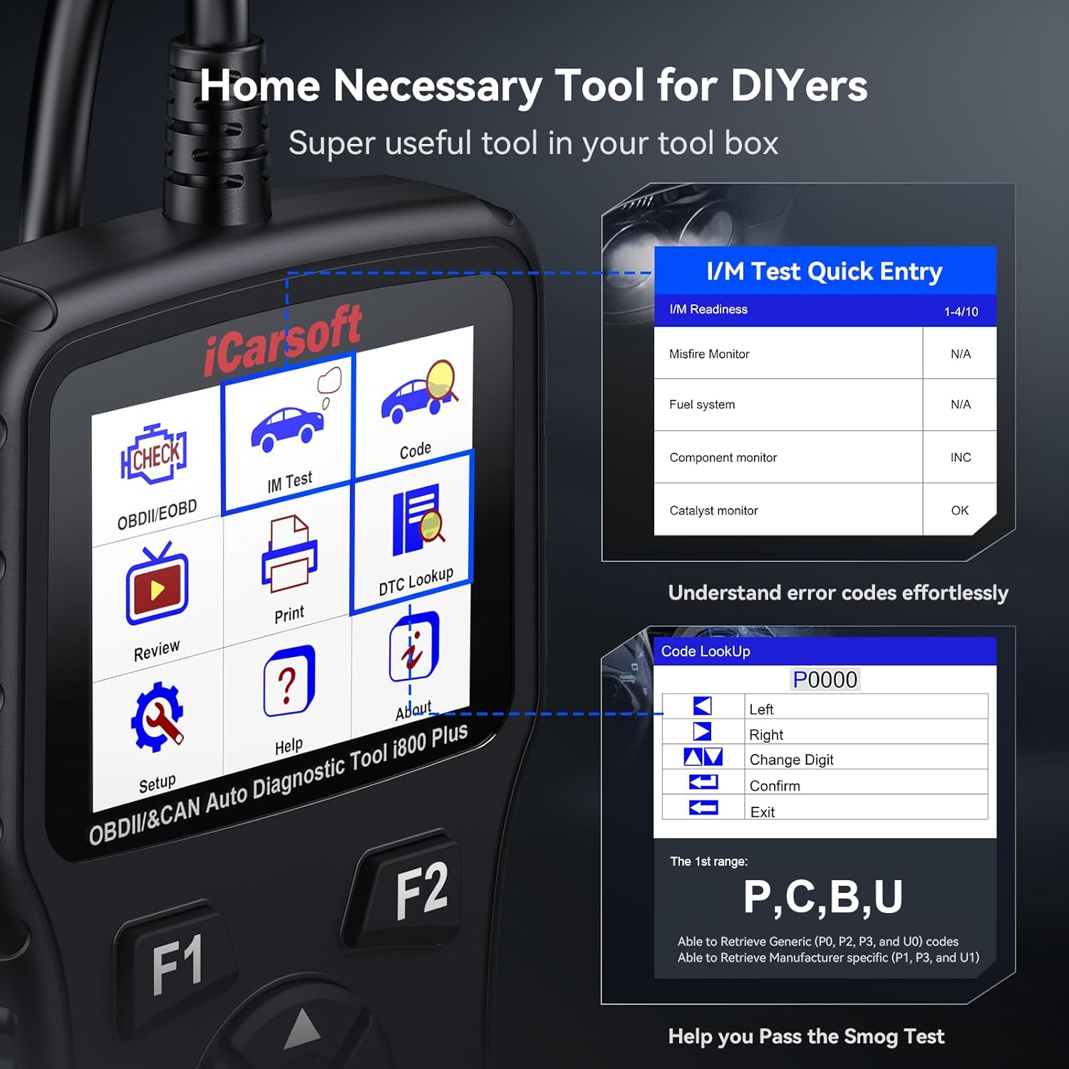 iCarsoft i800 Plus screen showing I/M Readiness monitor status and a DTC Lookup interface.