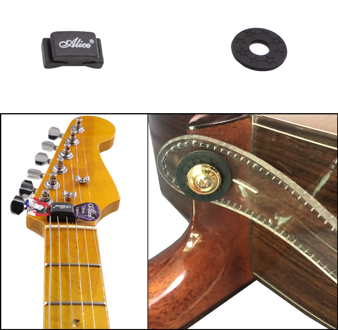 Rayzm Nawijak strun gitarowych/Ekstraktor kołków mostka, Obcinacz strun gitarowych/Ściągacz kołków, 6 szt. celuloidowych kostek gitarowych plektrów, Gumowe blokady paska gitarowego, Nieprzylepny