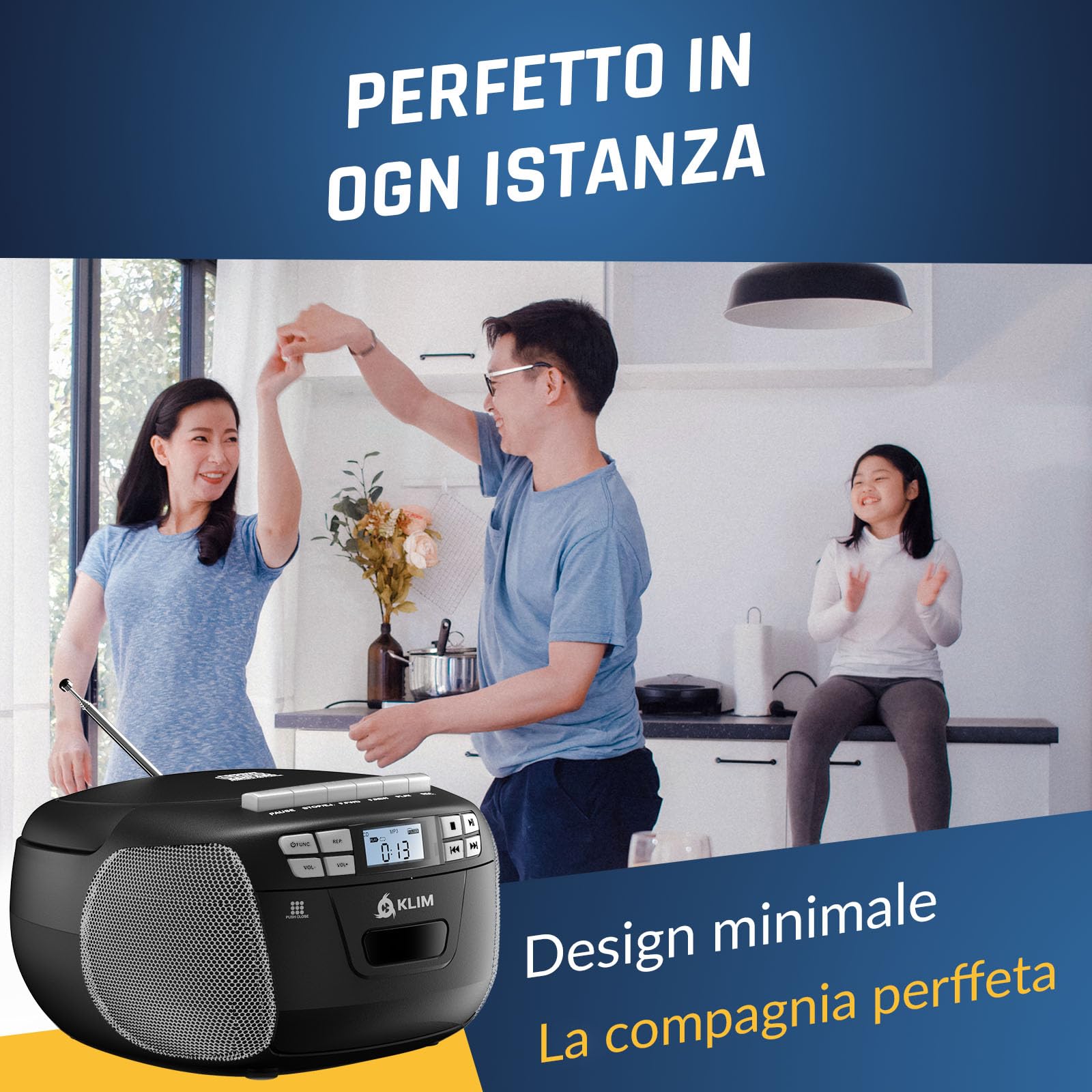 KLIM Lettore CD - Lettore Cassette Audio, AM/FM Radio Bluetooth, Stereo CD Player, Remota, Registrazione Su Nastro, USB Drive, AUX, Radio Stereo Casa Alimentazione AC/DC - Argento