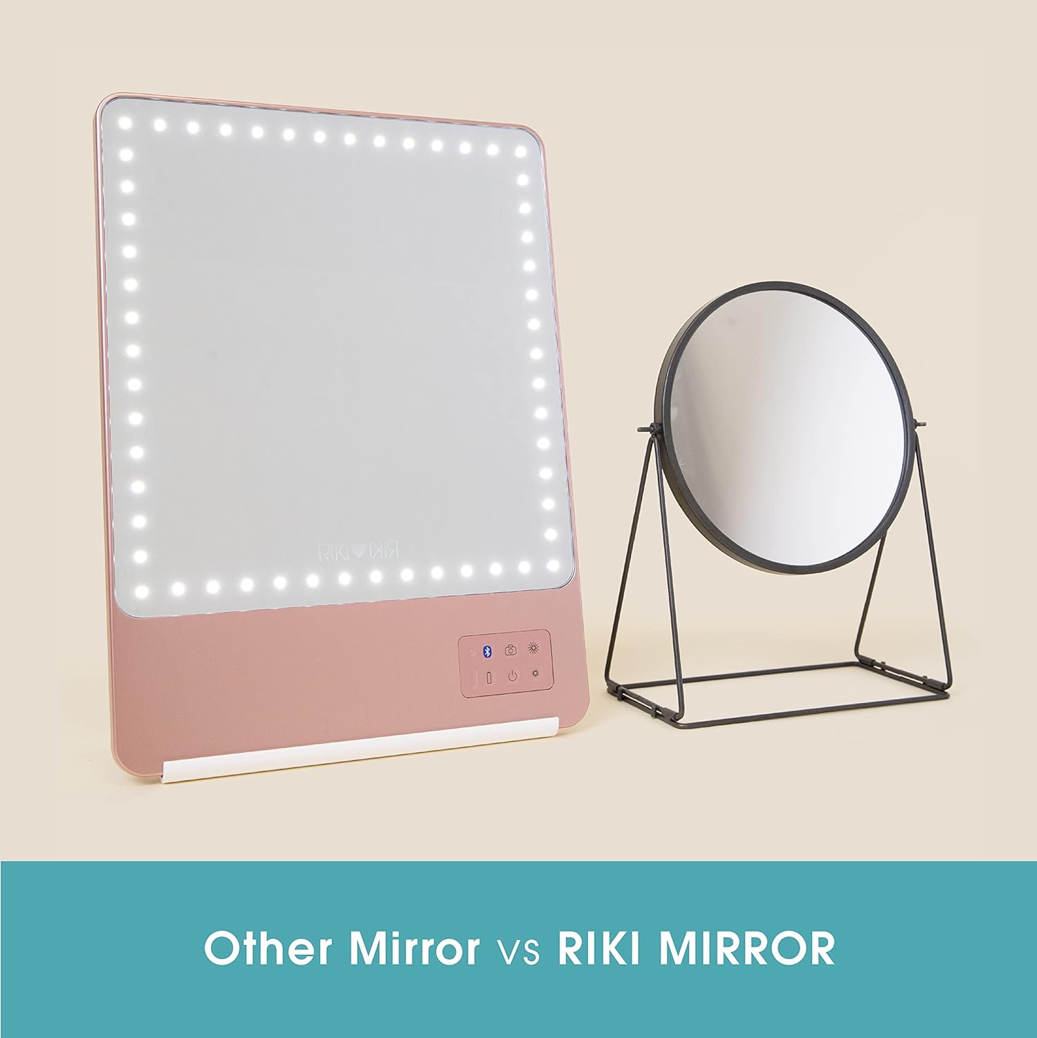 New Arrivals Riki Skinny Smart Vanity Mirror with HD LEDs, Magnifying Mirror Attachment, Phone Holder and Bluetooth Control (Rose Gold, 10X Magnification)