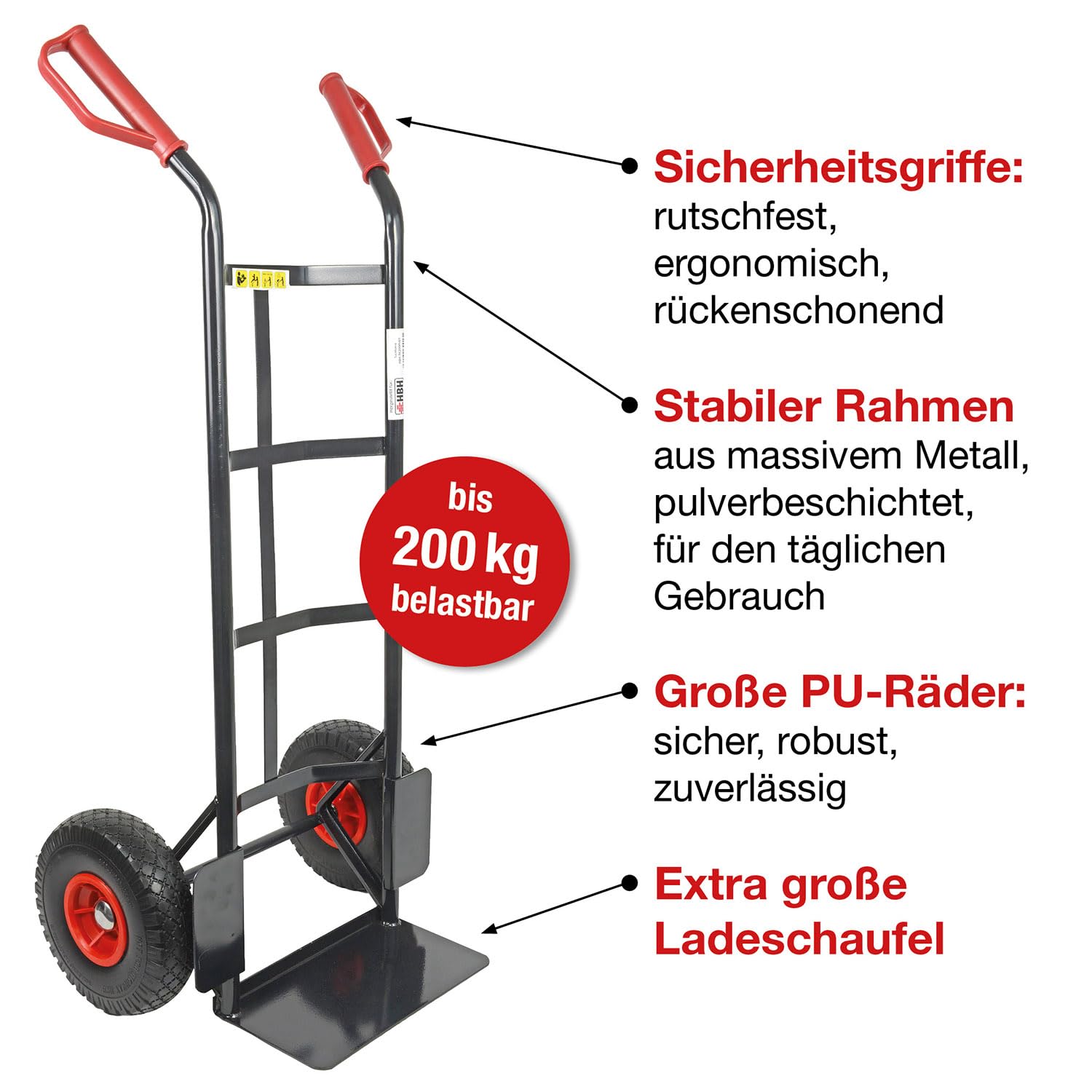 HBH Sackkarre 200kg Vollgummireifen TK200PU01 Transportkarre, schwarz, pannensicheres PU-Rad, kugelgelagert, robuster Stahlrohrrahmen, Sicherheitsgriffe, ideal für Haus, Garten, Werkstatt & Umzug