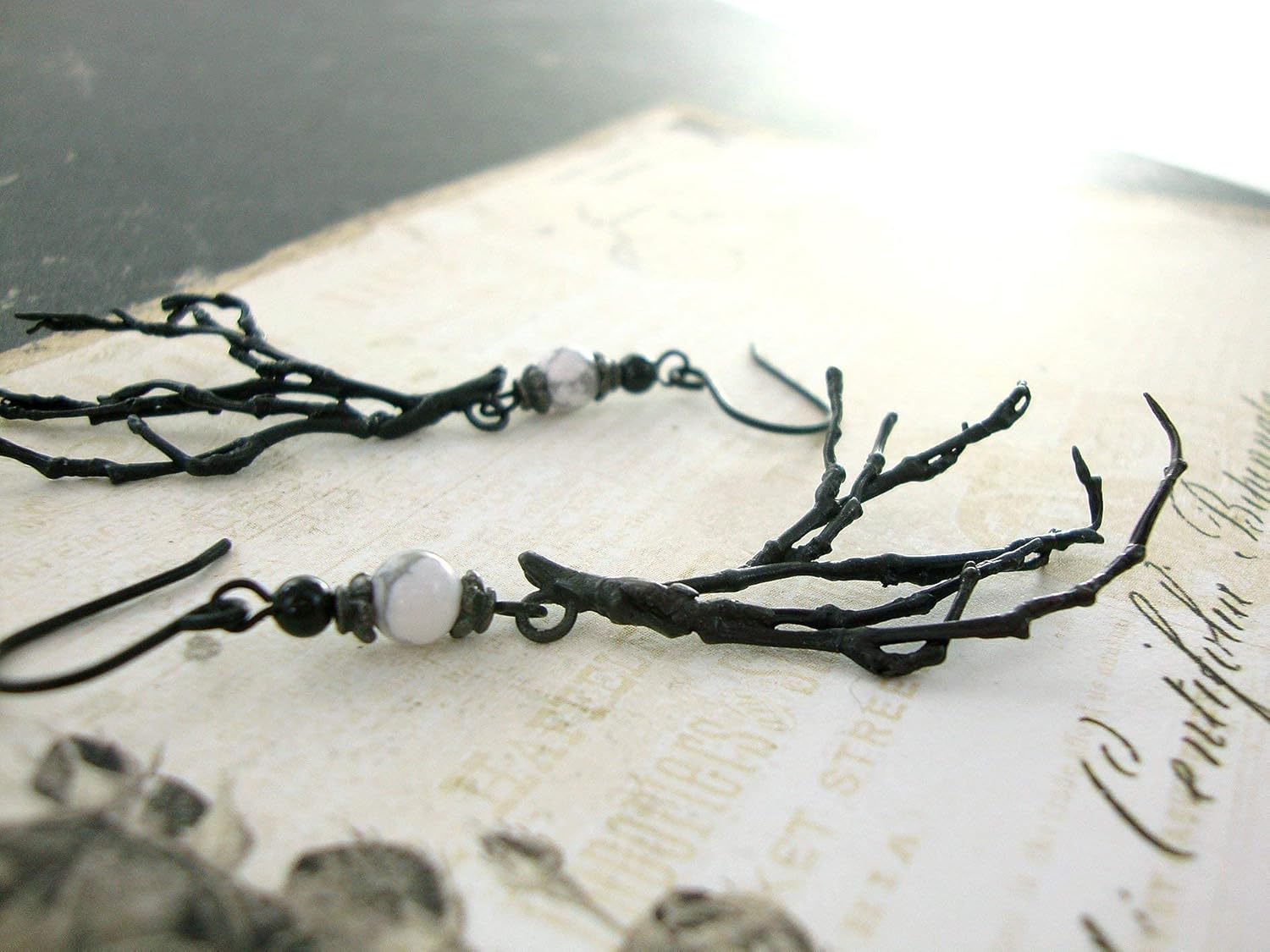 Gothic Style Howlite and Black Patina Brass Branch Earrings