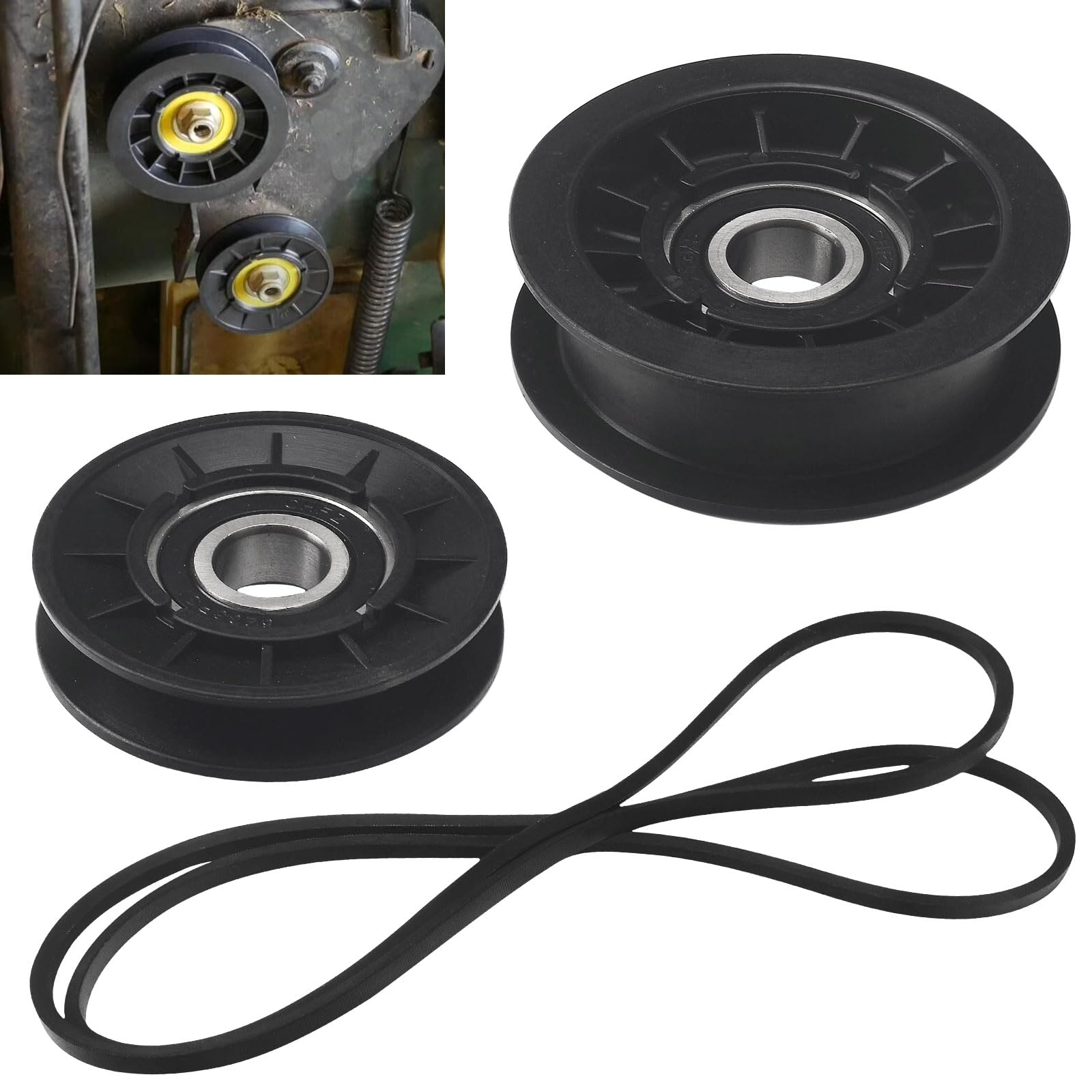 GX20286 GX20287 V-Idler Pulley & Flat Pulley & GX20006 Drive Belt Kit for Jo-hn Deere L100 Series Mowers, Replaces 1760097, 690409, 690409MA, GX20006