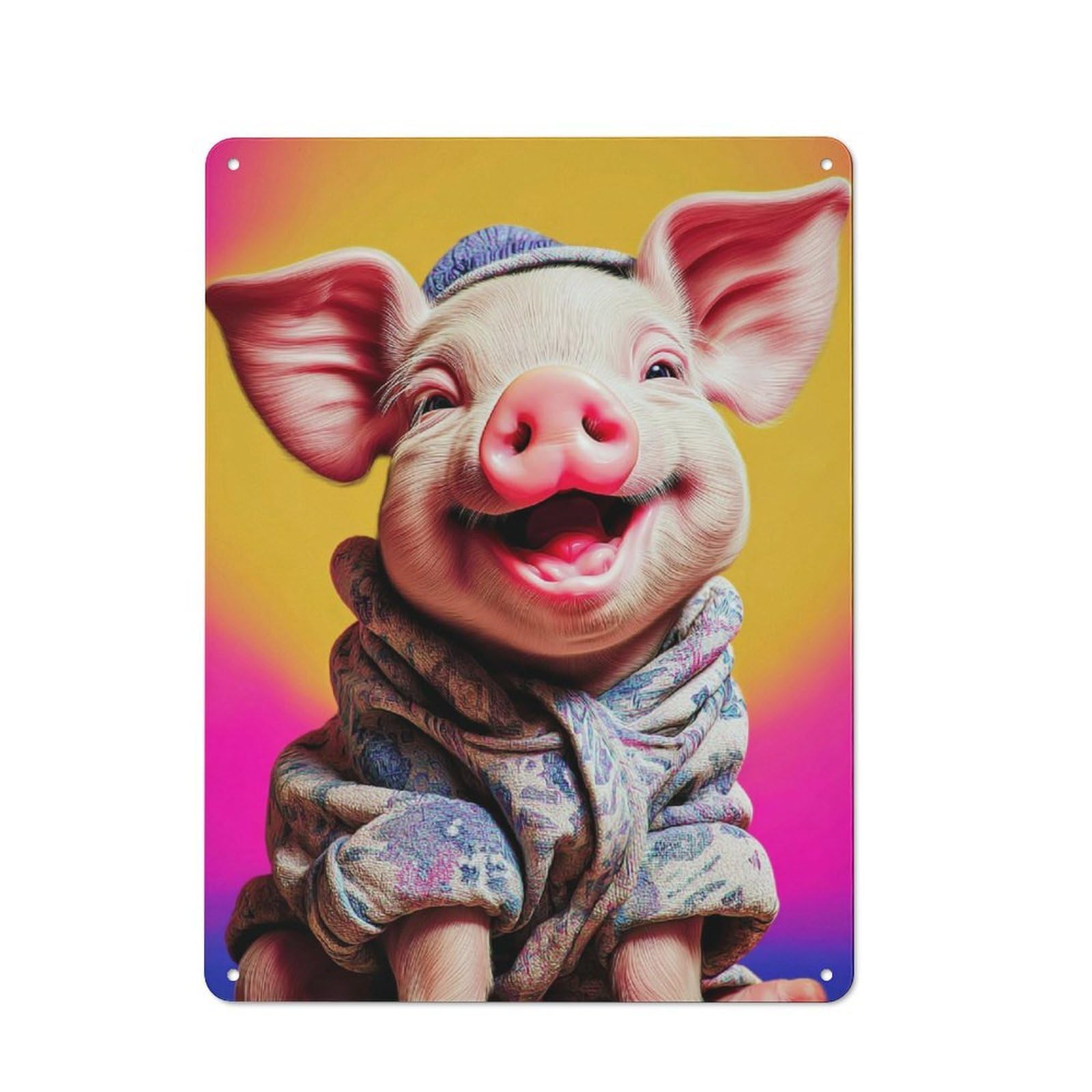 Happy Pig in Colorful Outfit Classic Metal Wall Decor 40x30cm, Decorative Tin Plaque for Cafe, Pub, Workshop Or Home Bar