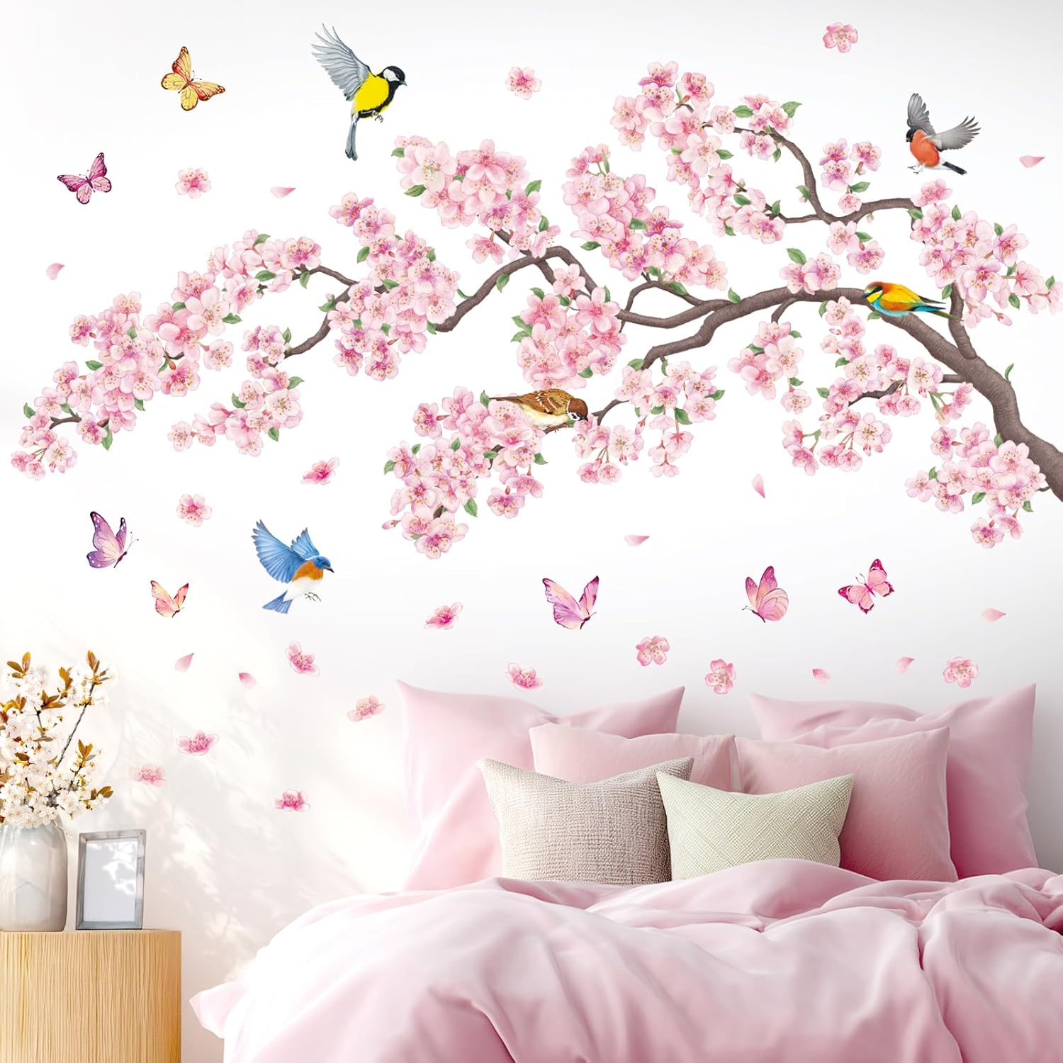 DECOWALL SG2-2427 Pink Flowers and Bird Wall Stickers Cherry Blossom Tree Branch Decals Bedroom Living Room Sofa TV Background Wall Décor Murals