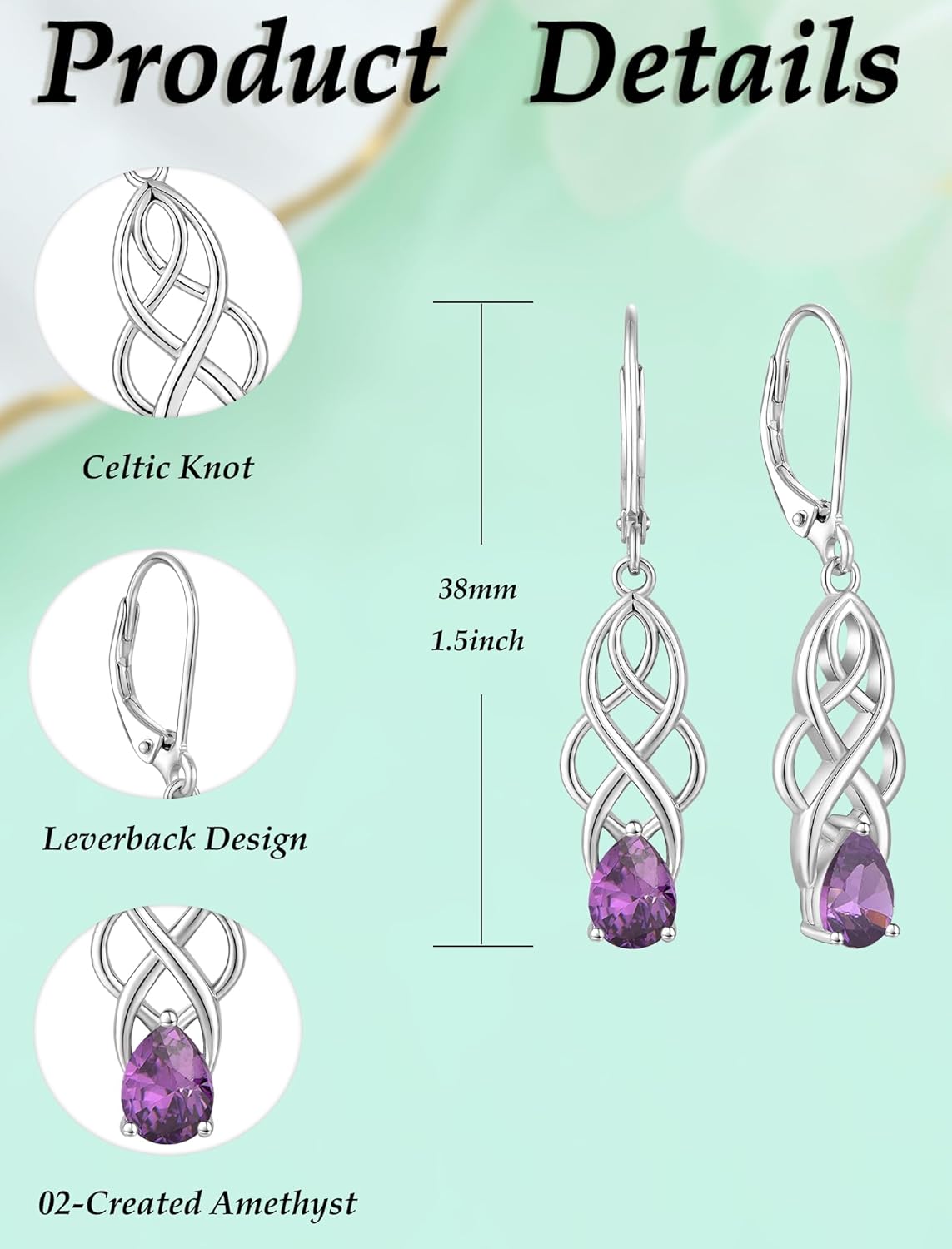 Celtic Knot Earrings for Women Sterling Silver Dangle Drop Birthstone Jewelry - Image 6