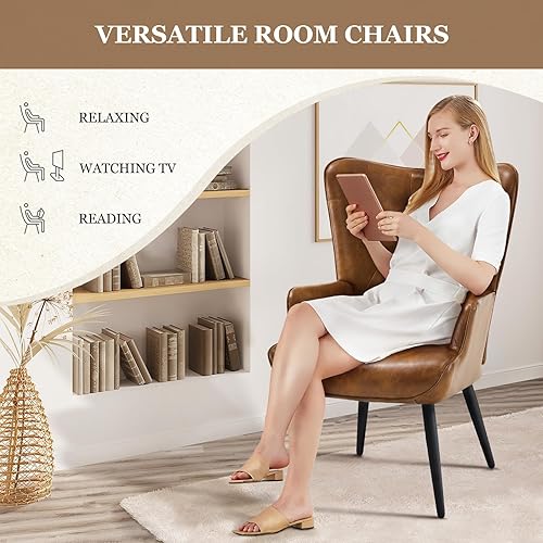 Miniatura 8 de Furnimart Juego de 2 Sillas de Acento, Sillón de Lectura de Cuero PU Marrón con Respaldo Alto, Silla de Esquina con Respaldo de Alas Estilo Mediados