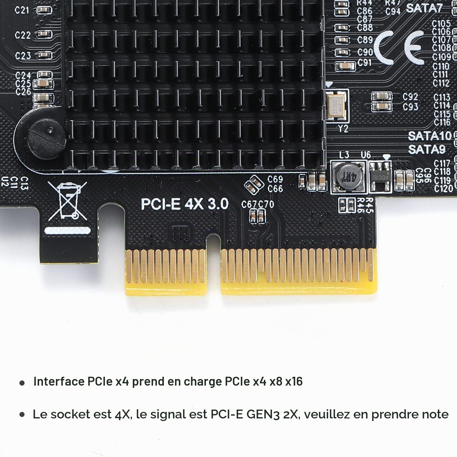 Carte PCIE 4X SATA 10 Ports, Adaptateur PCI-E 3.0 SATA 3.0 HDD 6G, Démarrage Disque Système avec 10 Câbles et Support Low Profile - ASM1166 + JMB75