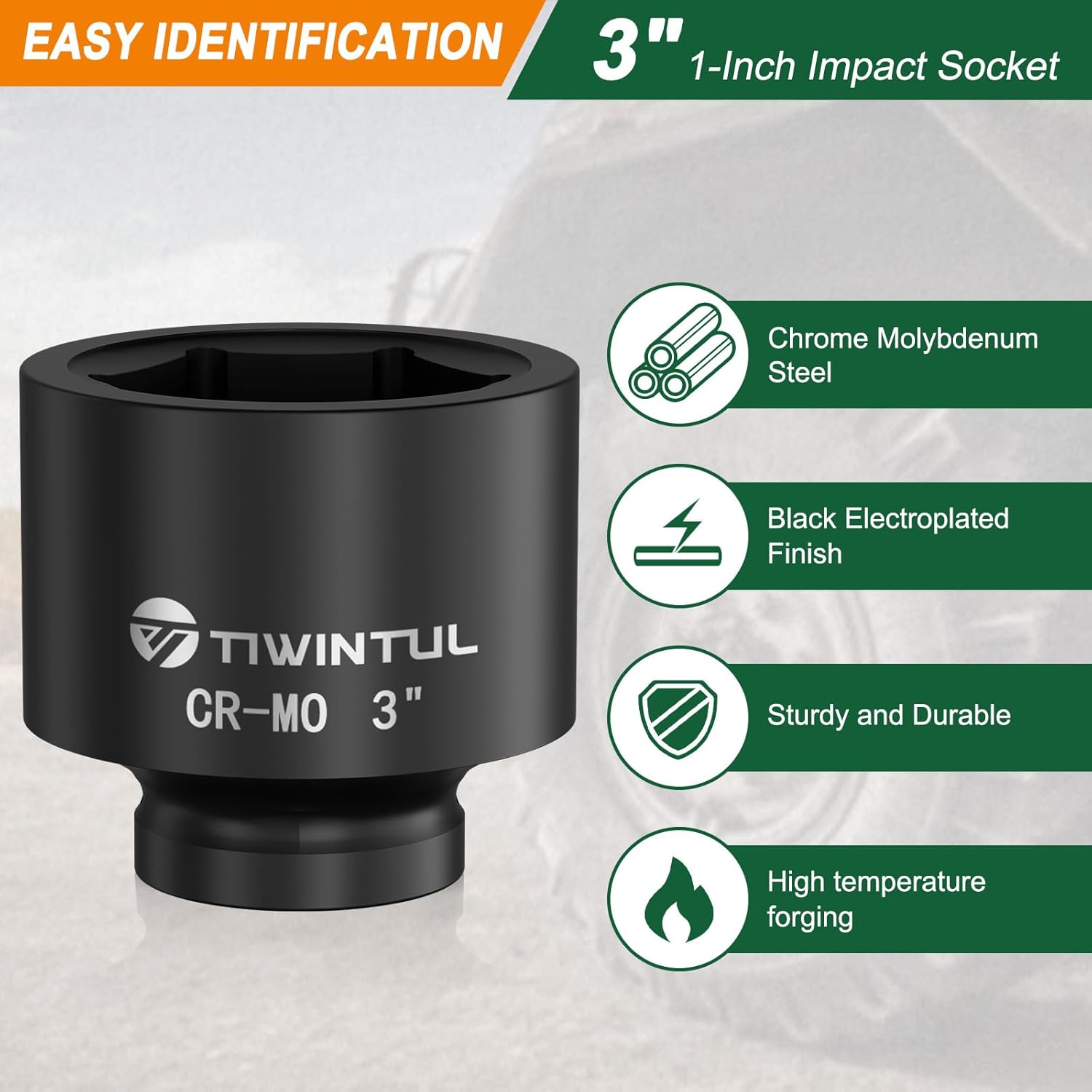 3" Impact Socket 1" Drive, 6 Point Design, CR-MO Large Impact Socket, ANSI Certified, Heavy Duty Socket 1 Inch Drive for Fleet, Oilfield, Construction & Industrial Repair