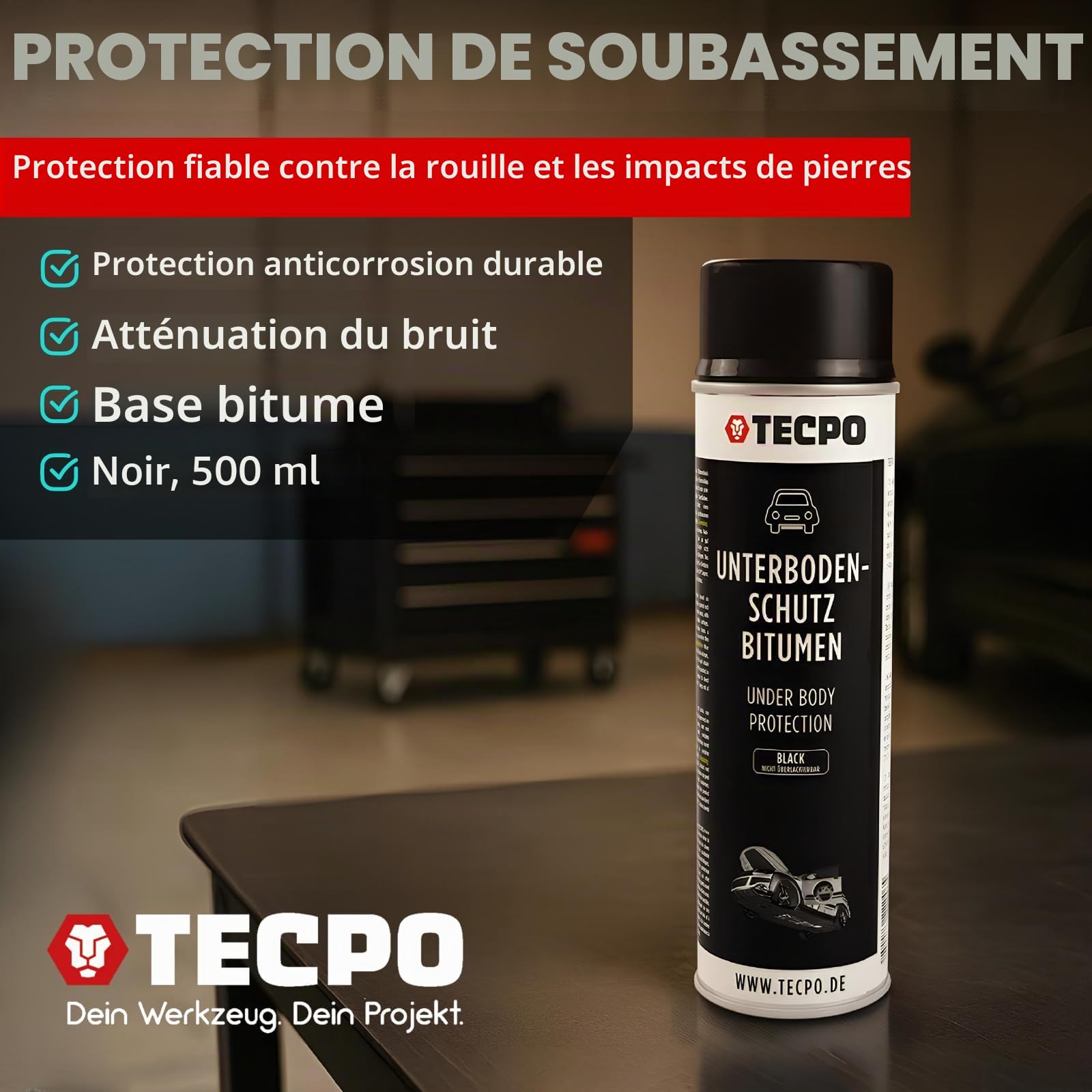 TECPO UBS Lot de 5 sprays de protection pour dessous de caisse 500 ml Noir Protection contre les chutes de pierres et la rouille, les produits chimiques avec effet anti-bourdonnement