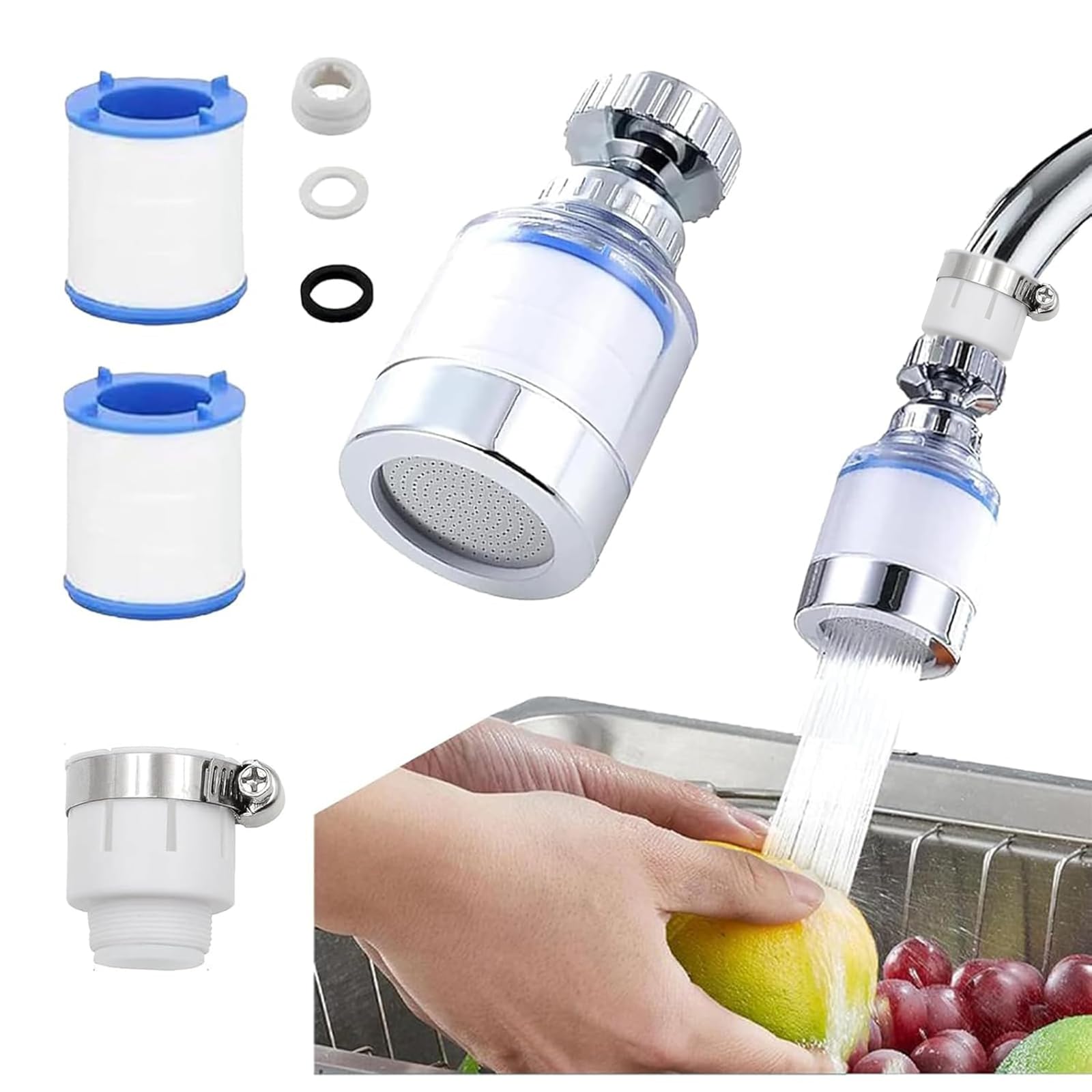 Faucet Water Filter with Universal Adapter and 2 Filter Cartridges,360 Degree Rotating Sink Tap Water Filter,Carbon Water Filtration Faucet Removes Chlorine Fluoride Heavy Metals Hard Water
