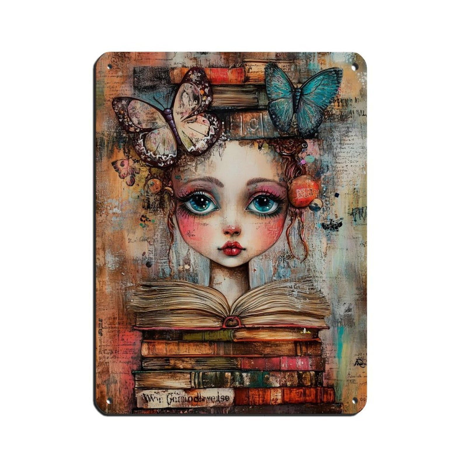 Whimsical Book Lover Art, Girl Reading Painting Retro Poster Metal Tin Sign Chic Art Retro Iron Painting Bar People Cave Cafe Family Garage Poster Wall Decoration 12x16inch(30x40cm)