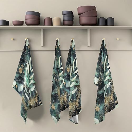 Miniatura 5 de Kigai Toallas de cocina de hojas verdes doradas de 18 x 28 pulgadas, ultra suaves, absorbentes, de secado rápido, paños de limpieza lavables,