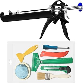 Hubaow Dual Caulking Gun for 400 mL / 13.5 fl oz, Double Cartridge Epoxy Gun Kit with 10 Pieces Caulk Tools, 28:1 Thrust Ratio, Hand Manual Black Panel Bond Adhesive Caulk Gun (1:1 Mix Ratio)
