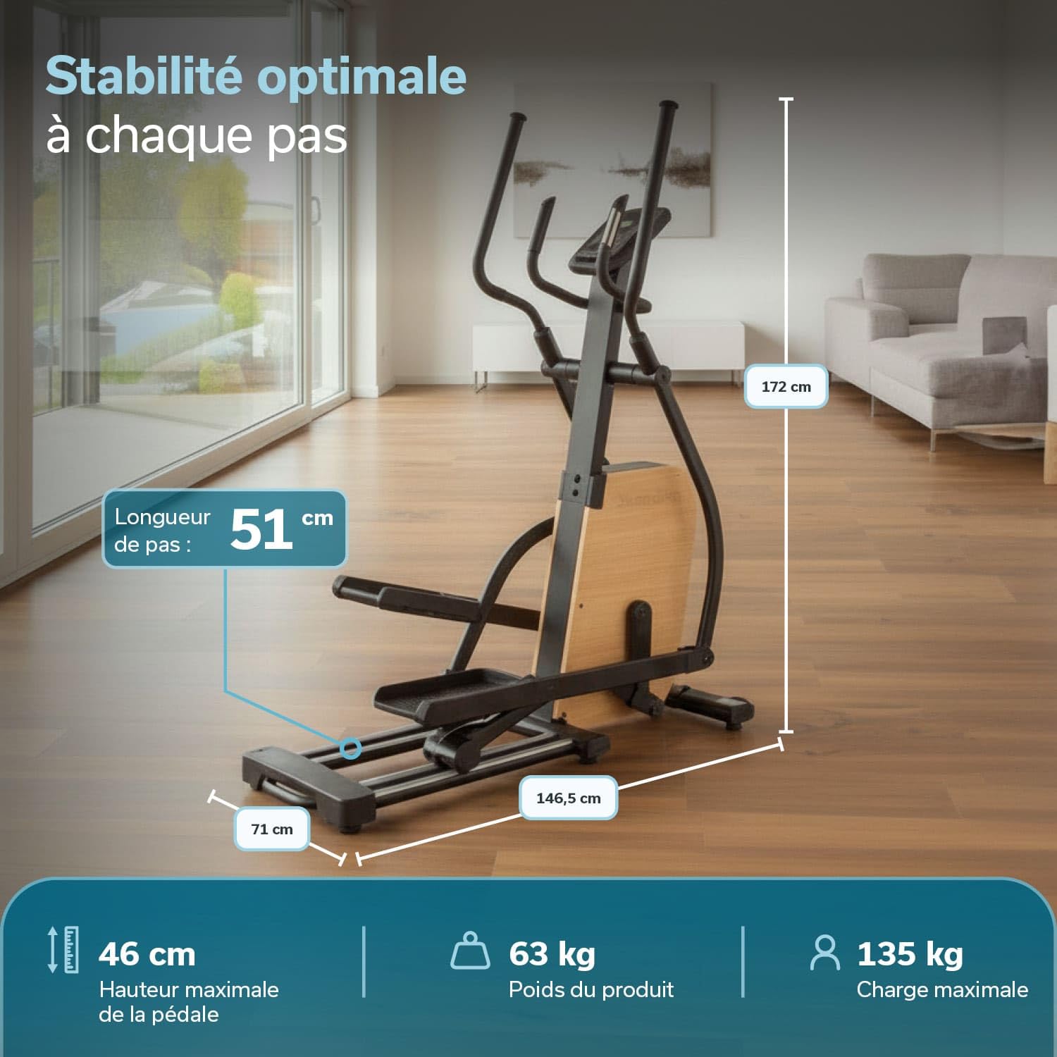 Skandika Vélo elliptique Treliv P22 | Vélo elliptique d'appartement avec éléments en Bois, 32 Niveaux, 22 programmes, Frein magnétique, Compatible avec Kinomap, Bluetooth, Max 135KG