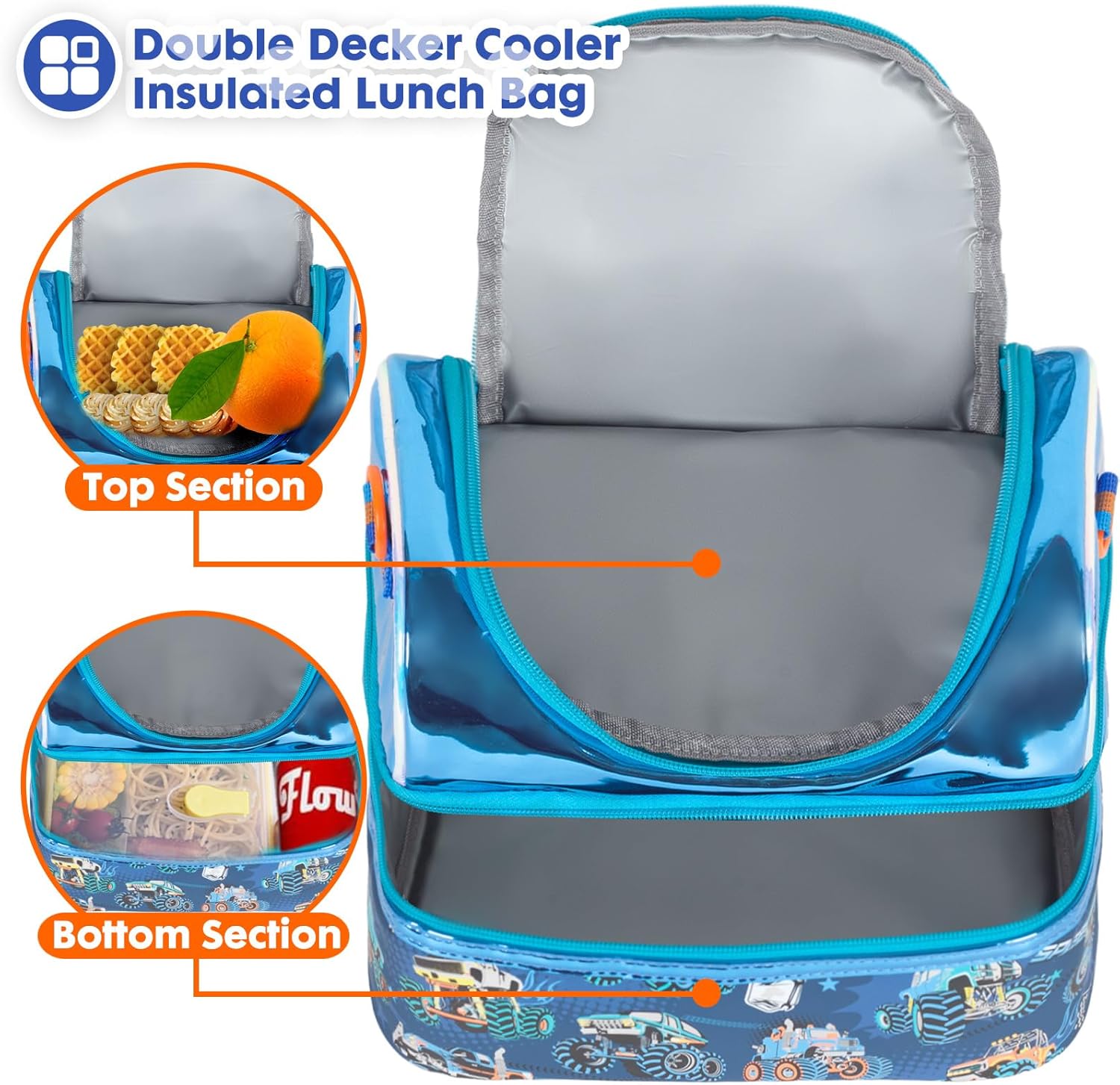 Kids Double Decker Cooler Insulated Lunch Bag, Back to School Large Meal Tote for Boys, Girls, Men, Women, with Adjustable Strap, Racing - Image 2