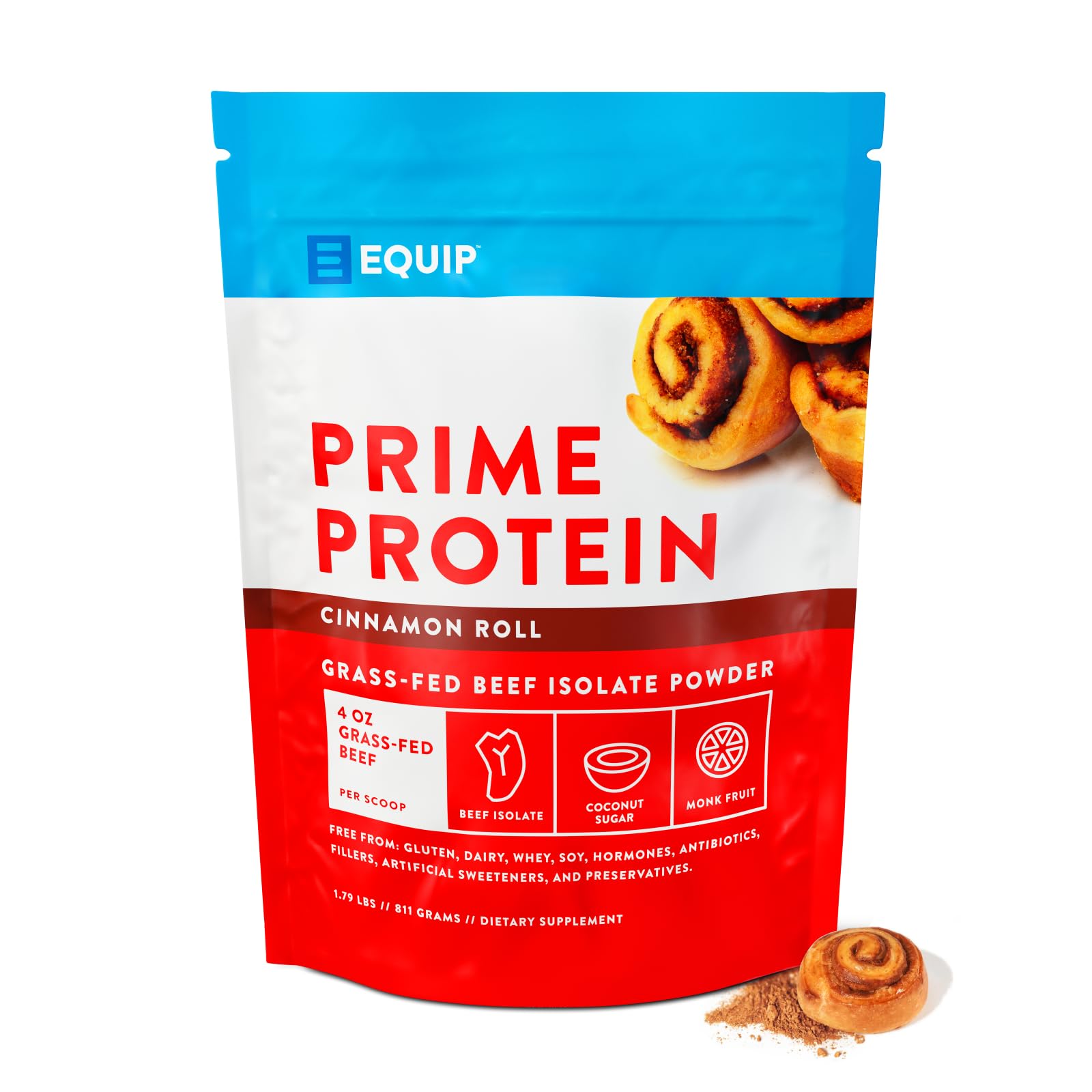 Equip Foods Prime Protein Powder | Clean, Grass Fed Beef Protein Powder for Women & Men | Carnivore Protein Isolate | Paleo, Keto Friendly | Gluten, Dairy Free | 30 Servings, Cinnamon Roll