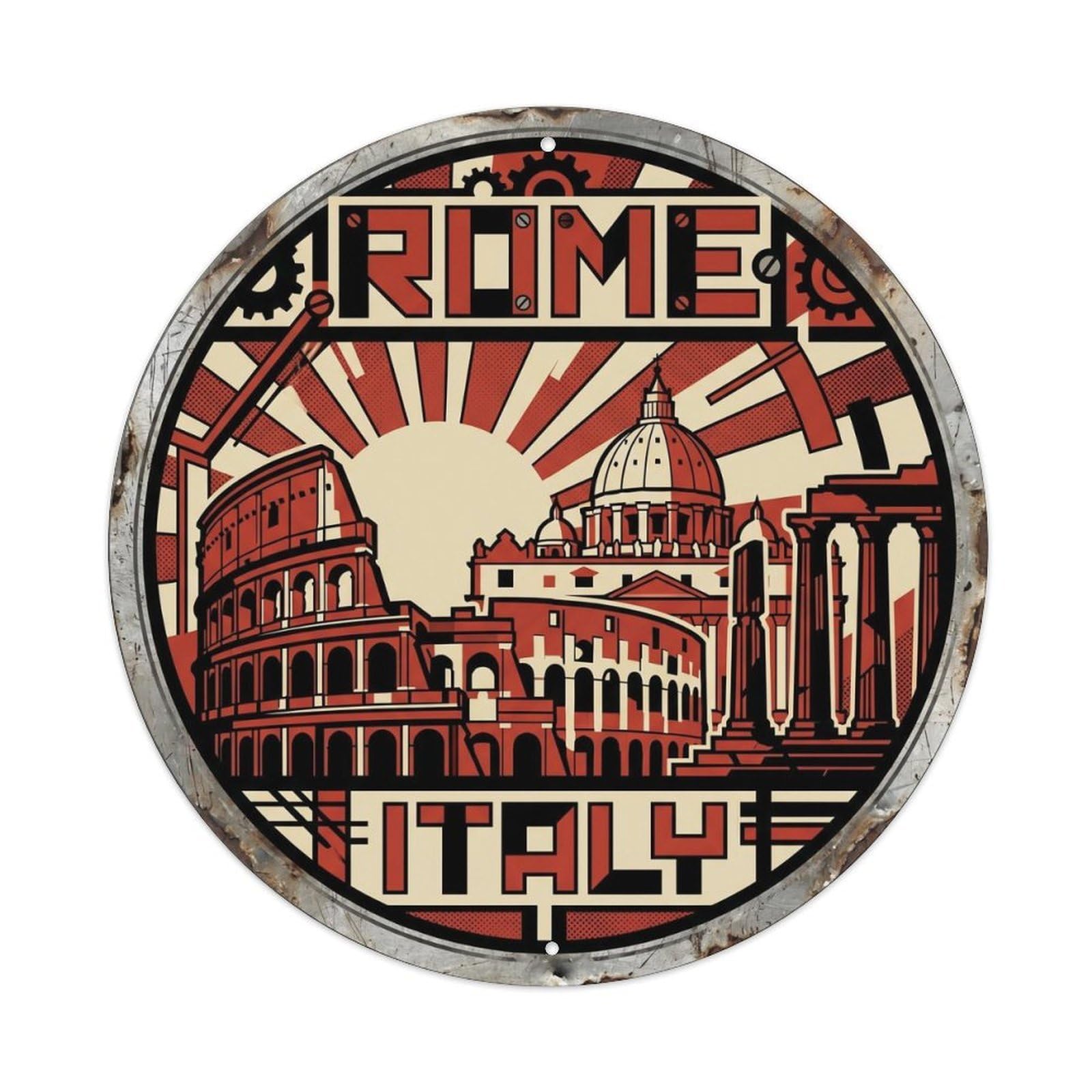 Vintage Travel Rome Skyline Italy Metal Tin Sign Plaque Wall Decor for Cafe, Club, Garden Round Metal Poster 8x8Inch