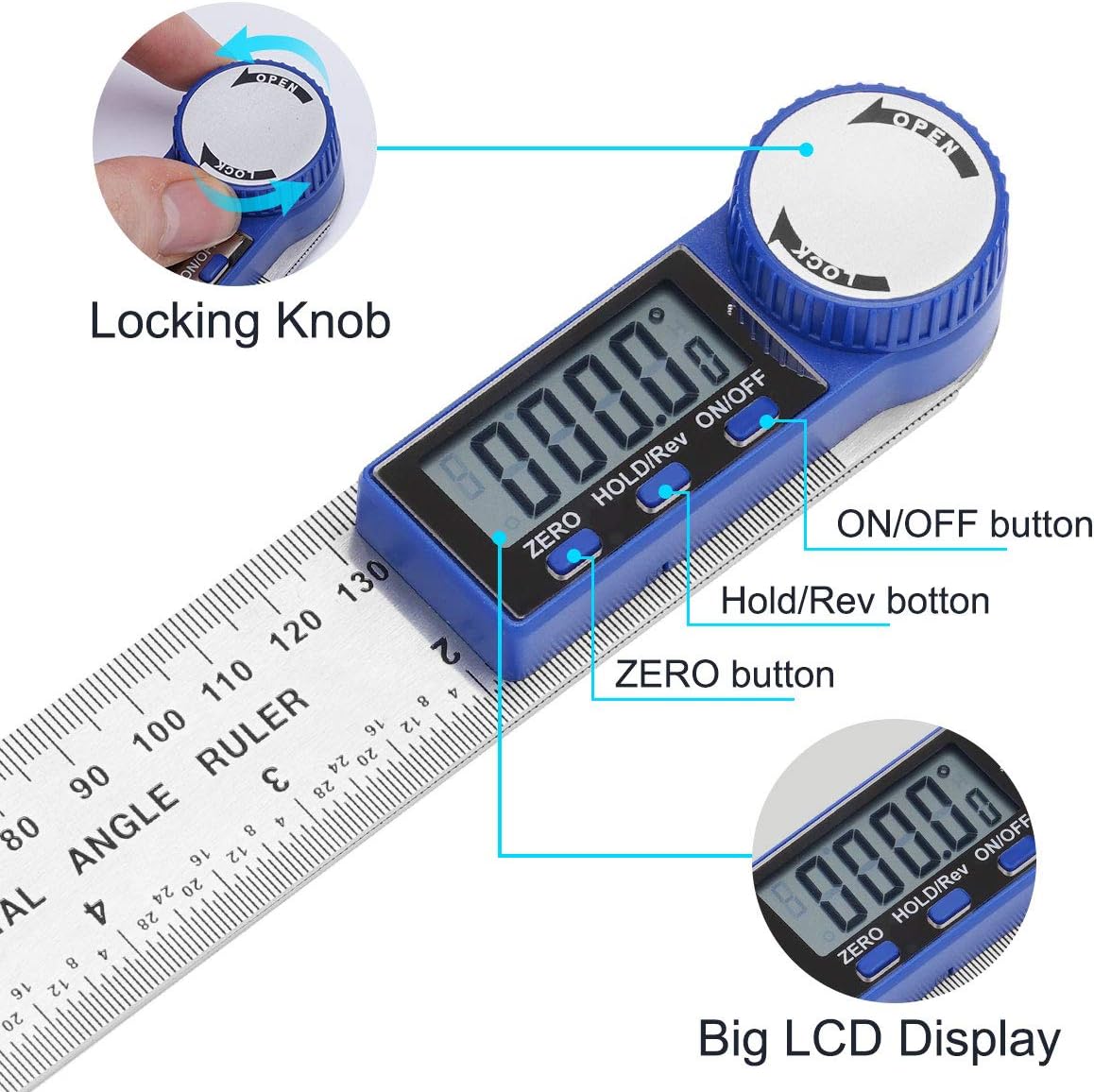 Digital Angle Finder Protractor Angle Measurement Tool, 2-in-1 Digital Protractor for Woodworking/Construction/DIY, Stainless Steel 360 Degree with Large LCD Display 7inch