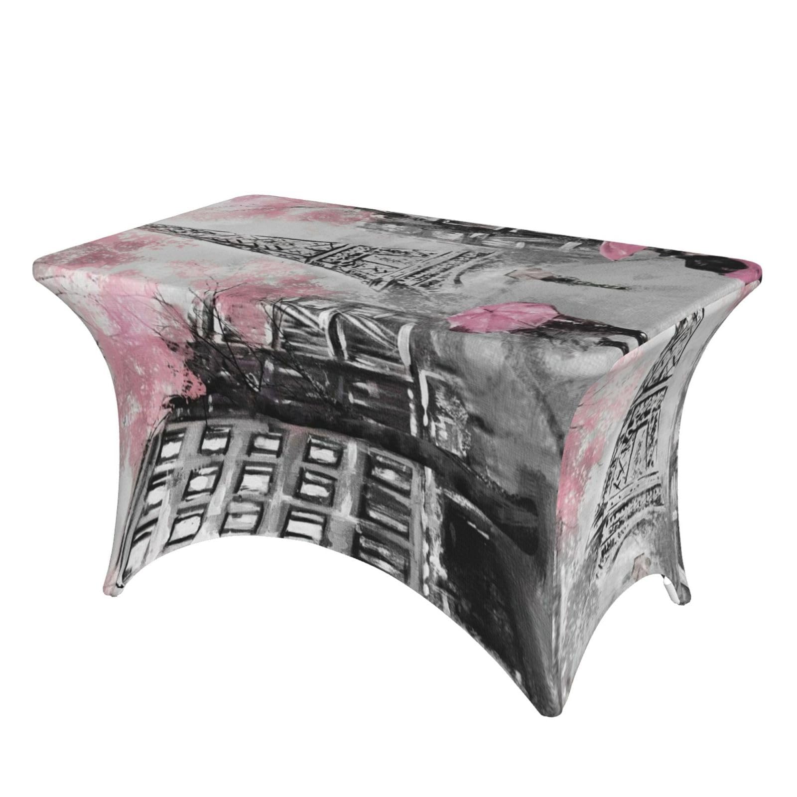 Dcehgew Paris Street Eiffel Tower Pink Floral 4Ft Spandex Rectangular Table Cloth, Printed Fitted Elastic Tablecloths Washable Table Cover For Event, Wedding, Banquet & Party