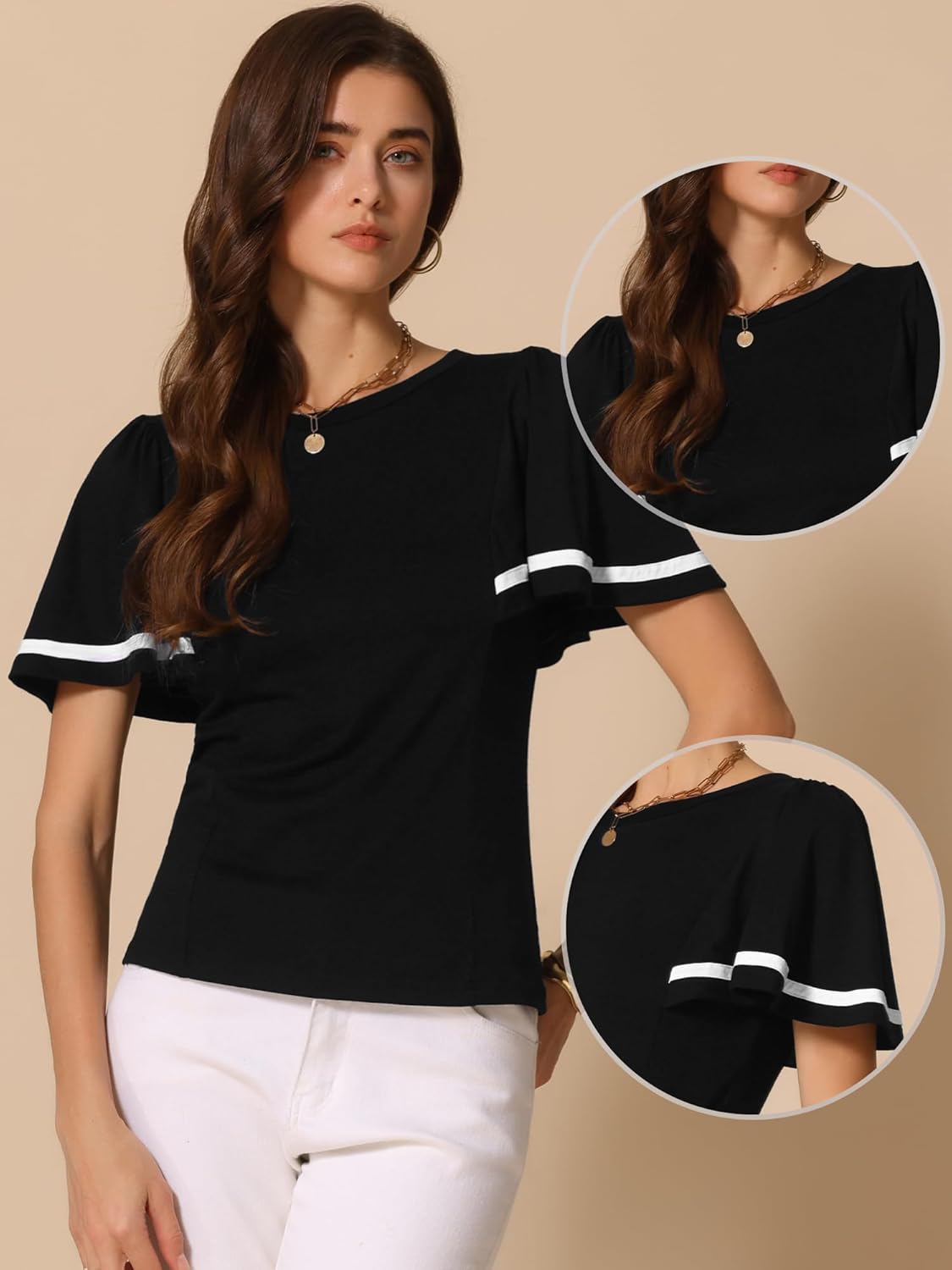 Allegra K Summer Tops for Women Ruffles Short Sleeve Round Neck Casual Blouse Shirt - Image 2