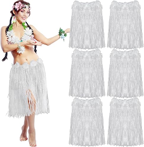 6 faldas hawaianas de hierba de Luau Hula de 24 pulgadas, vestido de Luau hawaiano blanco para boda, vestido hawaiano Luau elástico con flores de