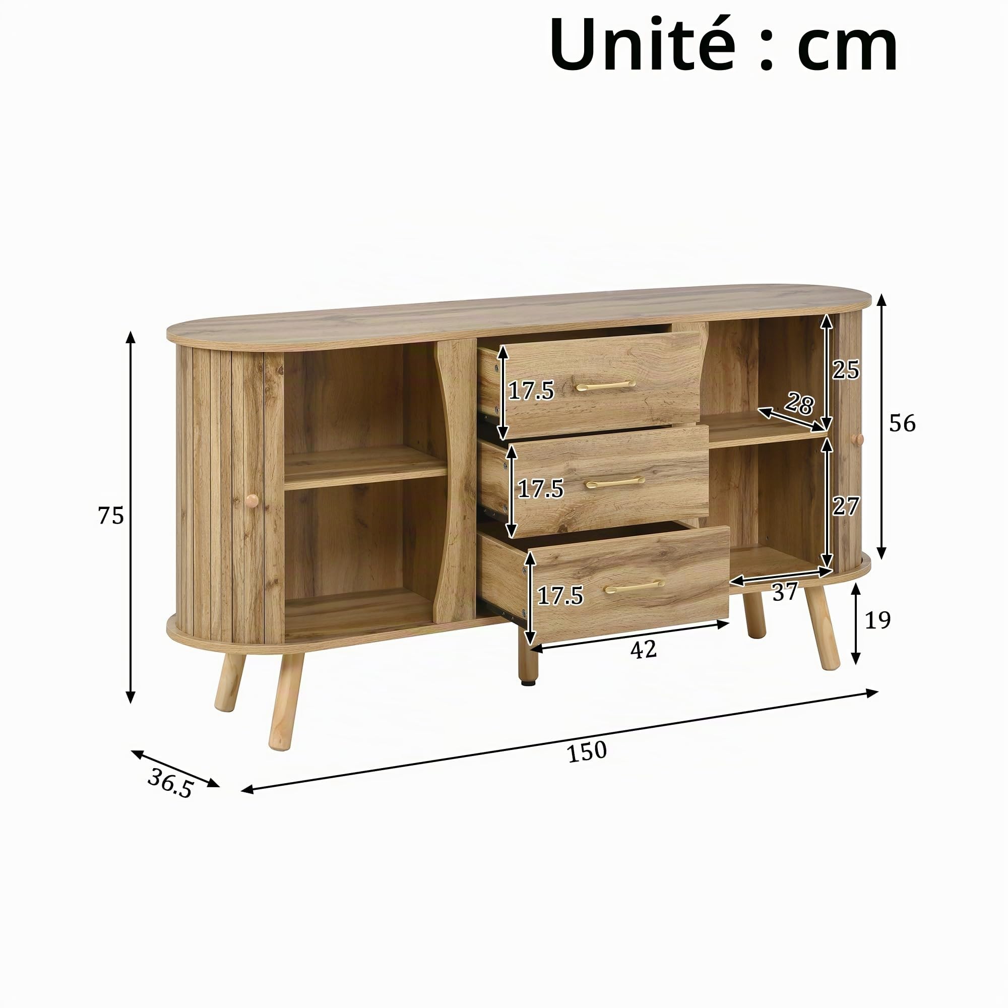 Ensemble de salon 3 pièces de style japonais avec meuble TV bas buffet et table basse en forme de pois organique avec portes coulissantes aspect bois avec pieds en bois massif chêne naturel
