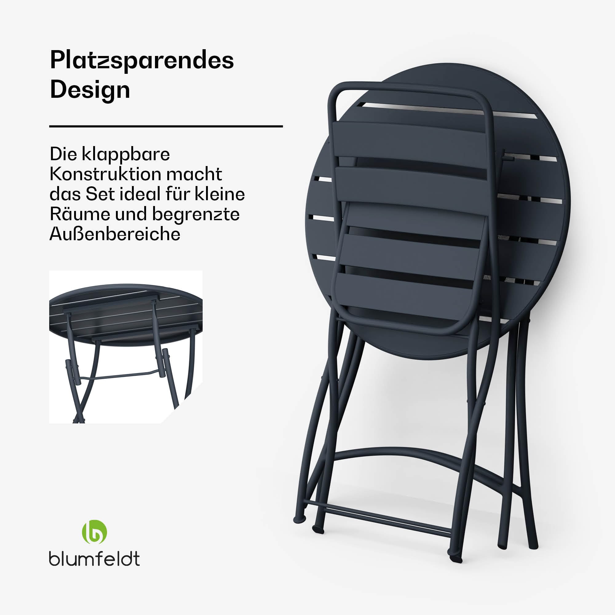 blumfeldt Bistrotisch Mit Stühlen – 60 cm Rund Klappbar, Wetterfester Stahl, Outdoor-Set, Platzsparend, Ideal Für Garten, Balkon, Terrasse, Modernes Design, 2 Stühle Inklusive
