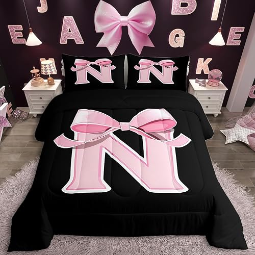 jejeloiu Kawaii Pink Bow Comforter Set,Gifts for Women Teen Girl,Full Size,Black