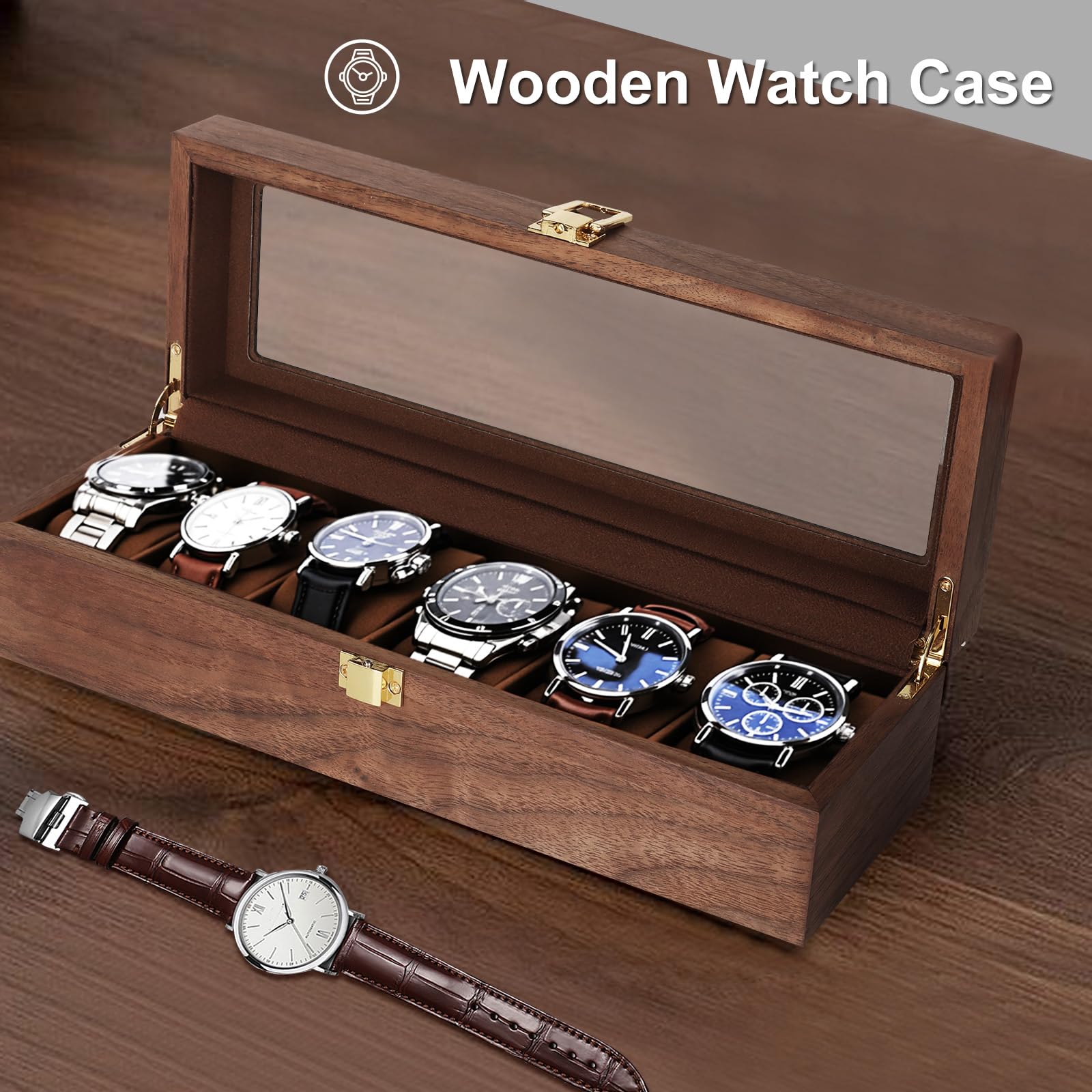 Caja de Relojes con 6 Compartimentos,Caja Relojes de Madera,Estuche de Reloje con Tapa de Cristal,Forro Suave,Cojín Extraíble,Cierre Metálico,Cajas para Reloje para Hombres y Mujeres