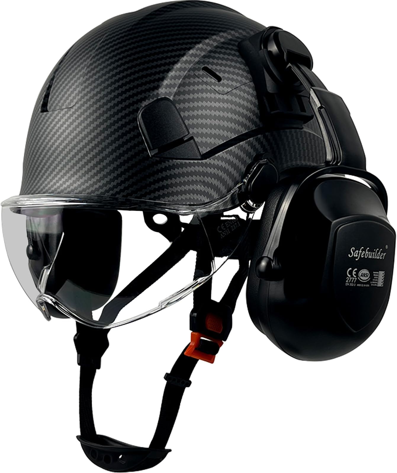 Safety Helmet with Visor Ear Muffs Work at Hight Carbon Fiber Abs Hard Hats for Industrial Construction Head Protection ANSI Z89.1 Approved (Matte Black+Clear Visor+B07 Ear Muffs)