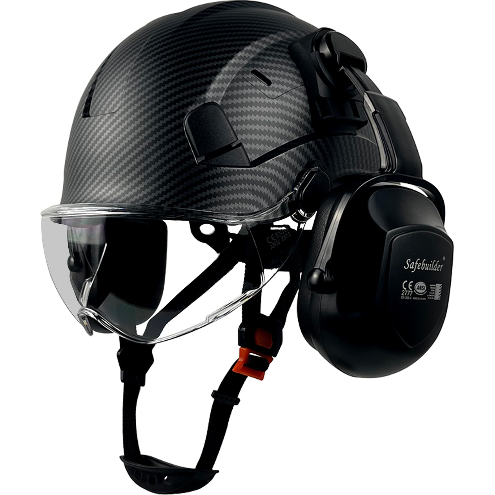 Safety Helmet with Visor Ear Muffs Work at Hight Carbon Fiber Abs Hard Hats for Industrial Construction Head Protection ANSI Z89.1 Approved (Matte Black+Clear Visor+B07 Ear Muffs)