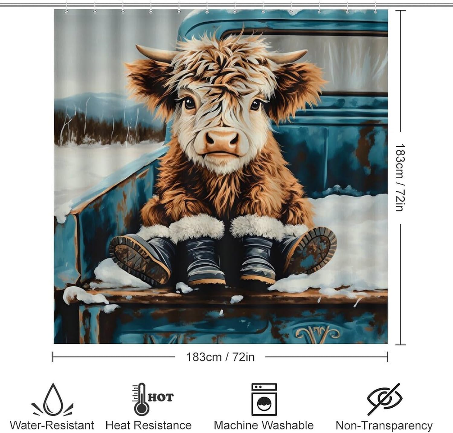 Cute Cow in Boots Winter Truck 4 PCS Bathroom Set with Shower Curtain Rugs, Ultra Soft Coral Fleece Bath Mat, U-Shaped Rug, Toilet Lid Cover, 72" X 72"