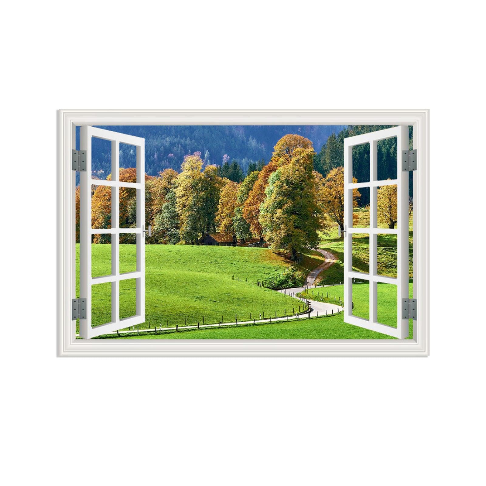 MOBYAT Wald-Wandaufkleber,3D-Kunstfenster,Bäume im Herbst,Naturlandschaft,Kunstfenster für Schlafzimmer,Wohnzimmer,Büro,Dekoration,105x70cm(41x28 Zoll) rahmenlos