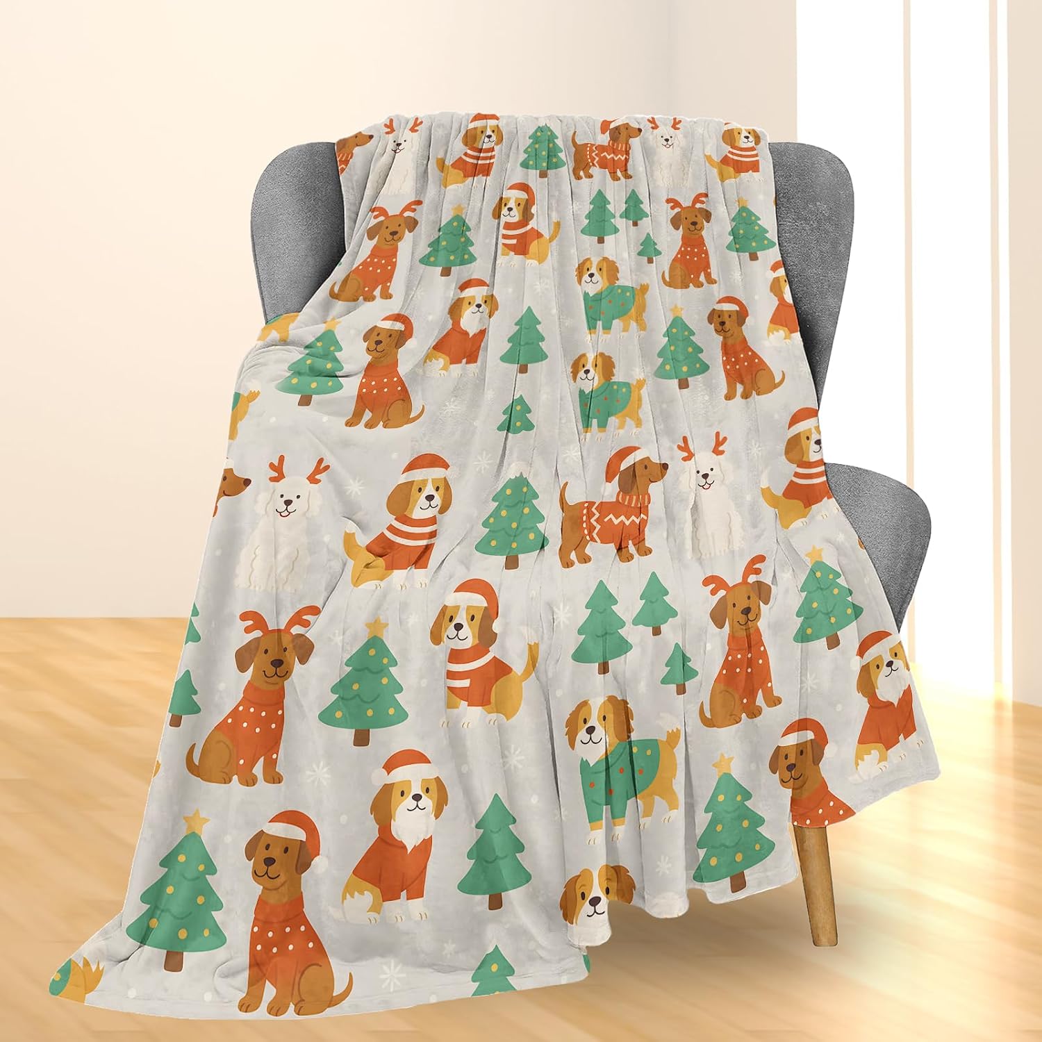 Christmas Dog Blanket, Soft Lightweight Flannel Cute Holiday Puppy Print Throw Blanket for Couch, Bed, Travel & Winter Decor Gifts, Cozy Warm Fuzzy Festive Blankets for Dog Lovers Women Kids 60×50 in