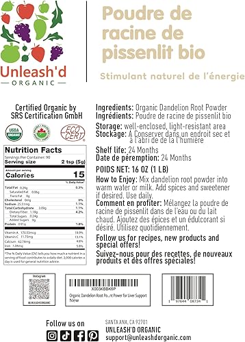 Miniatura 2 de Unleash'd Organic Polvo de raíz de diente de león 16oz  Vegano orgánico, para té y bebidas, desintoxicación y apoyo digestivo