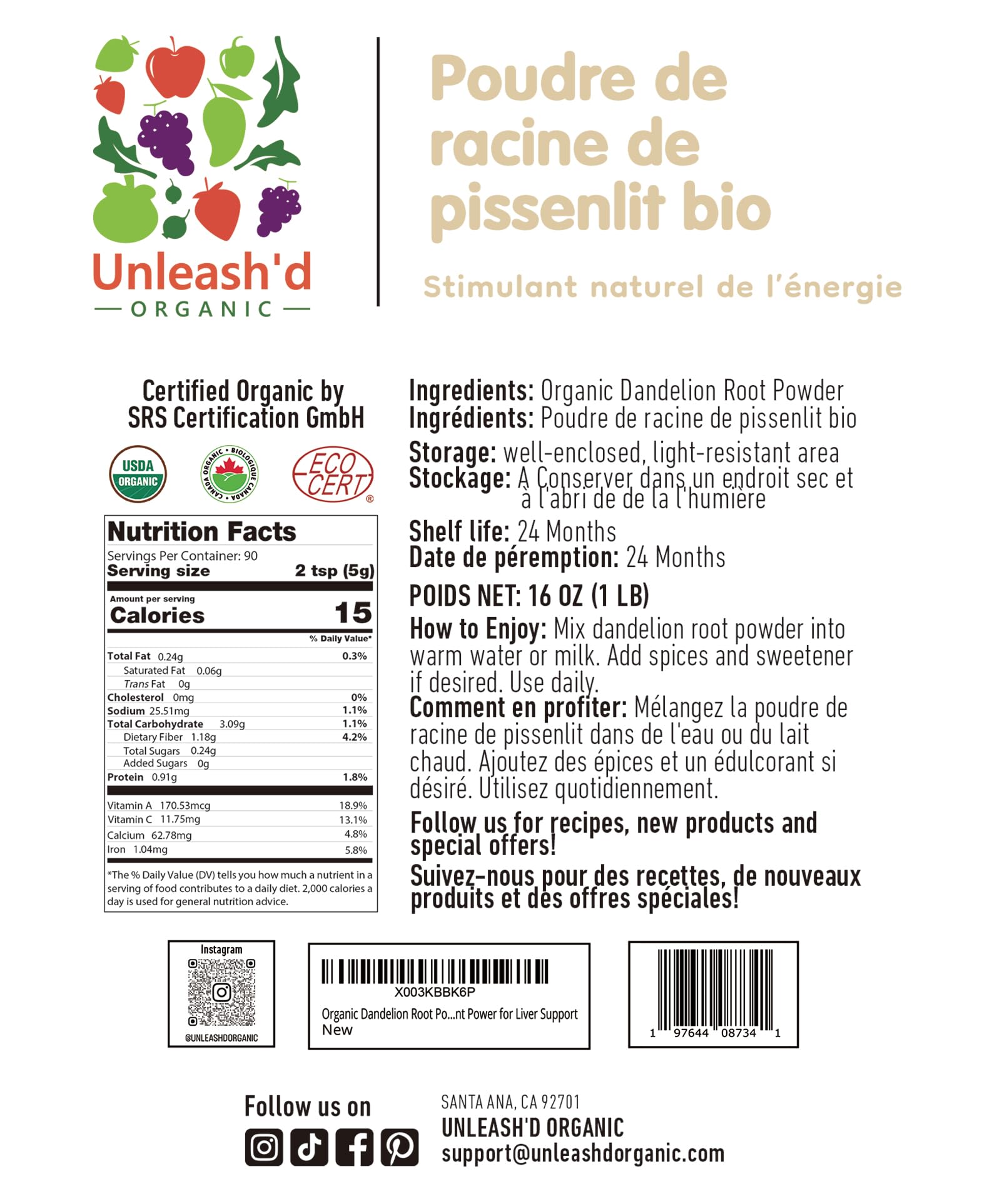 Unleash’d Organic Dandelion Root Powder 16oz – Organic, Vegan, for Tea & Drinks, Supports Detox & Digestive Health — Amazon image 2