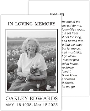 HOPTAGER-Photo Personalized Memorial Prayer Cards Sympathy Cards for Funeral,Custom Printed Memory Card,Celebration of Life Bereavement Poems 2.5X4,4X6,5X7,12-200 Cards White Background Classic, 12
