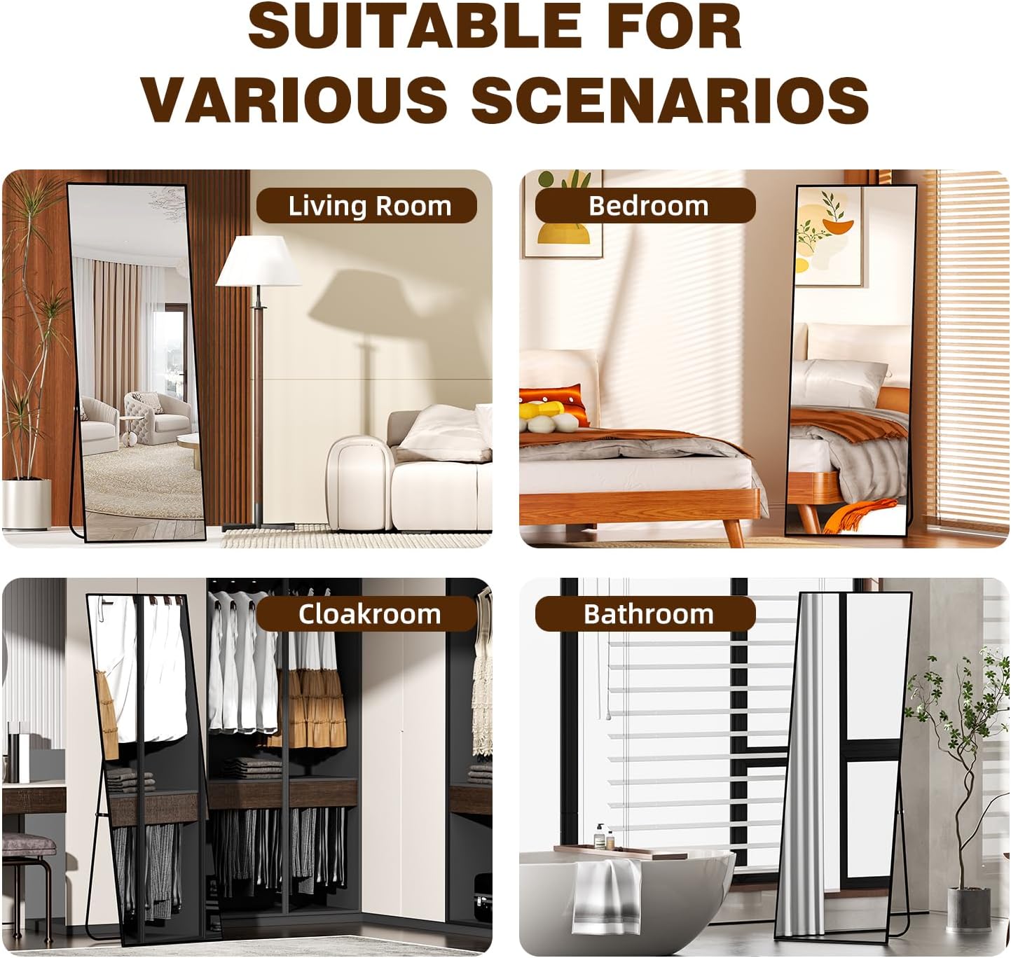 Full Length Mirror with Stand,Full Body Mirror for Living Room and Dressing Room,57"x20" Aluminum Alloy Frame,Hanging or Leaning for Wall,Rectangular, Black