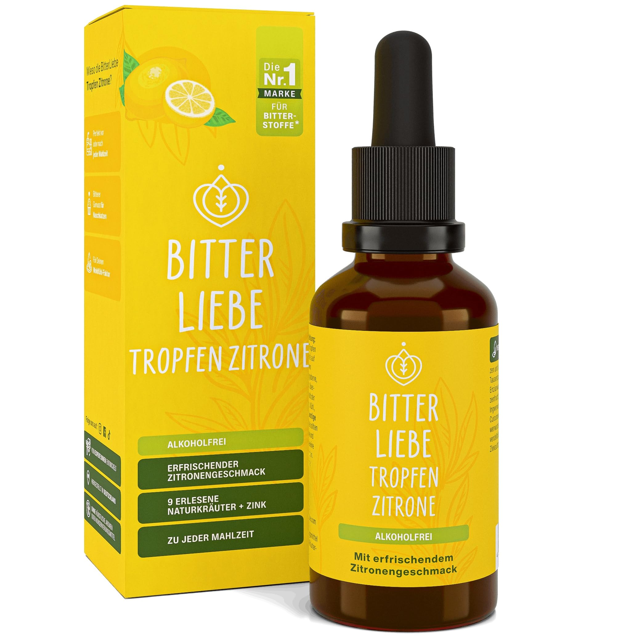BitterLiebe - Bittertropfen Zitrone ohne Alkohol 100ml - Bitterstoffe Tropfen mit Zink und Zitronengeschmack - nach Hildegard von Bingen - vegan & alkoholfrei - in Deutschland hergestellt