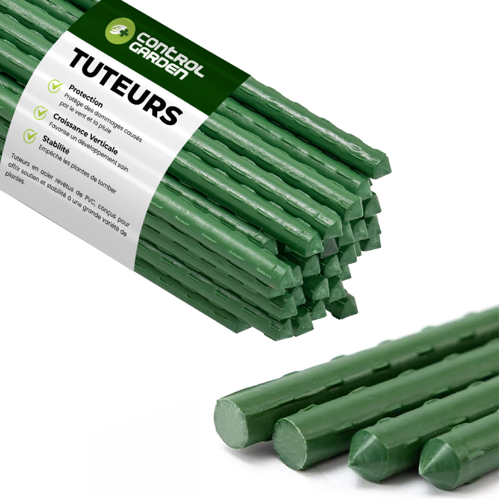CONTROL GARDEN Lot 30 Tuteurs en Acier Plastifié pour Plantes Hauteur 180 cm Ø 10 mm | Tiges de Soutien | Support de Culture Adapté Intérieur et Extérieur
