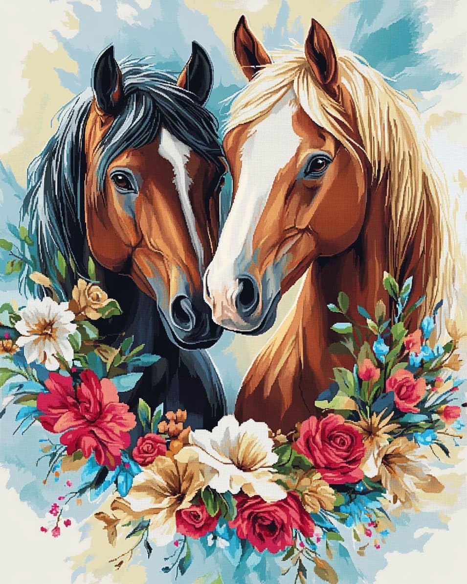 WallustrioaW Cross Stitch Stamped Kits,Two Horses,Pre-Printed Cross-Stitching Starter Pattern for Beginners Adults,11CT Embroidery Needlepoint Kits,40x50cm