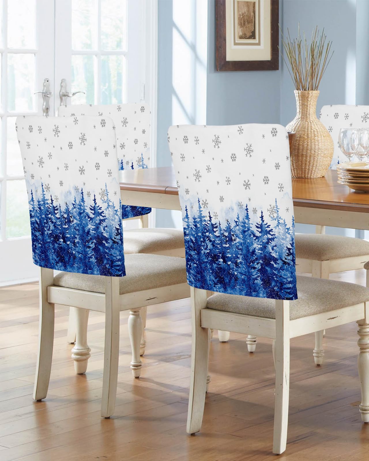 AMZRicher Christmas Tree Chair Back Covers for Dining Chairs 6 Pack, Washable Removable Chair Slipcover Back Chair Protector for Wedding Party Baby Shower Modern Winter Snowflake Blue